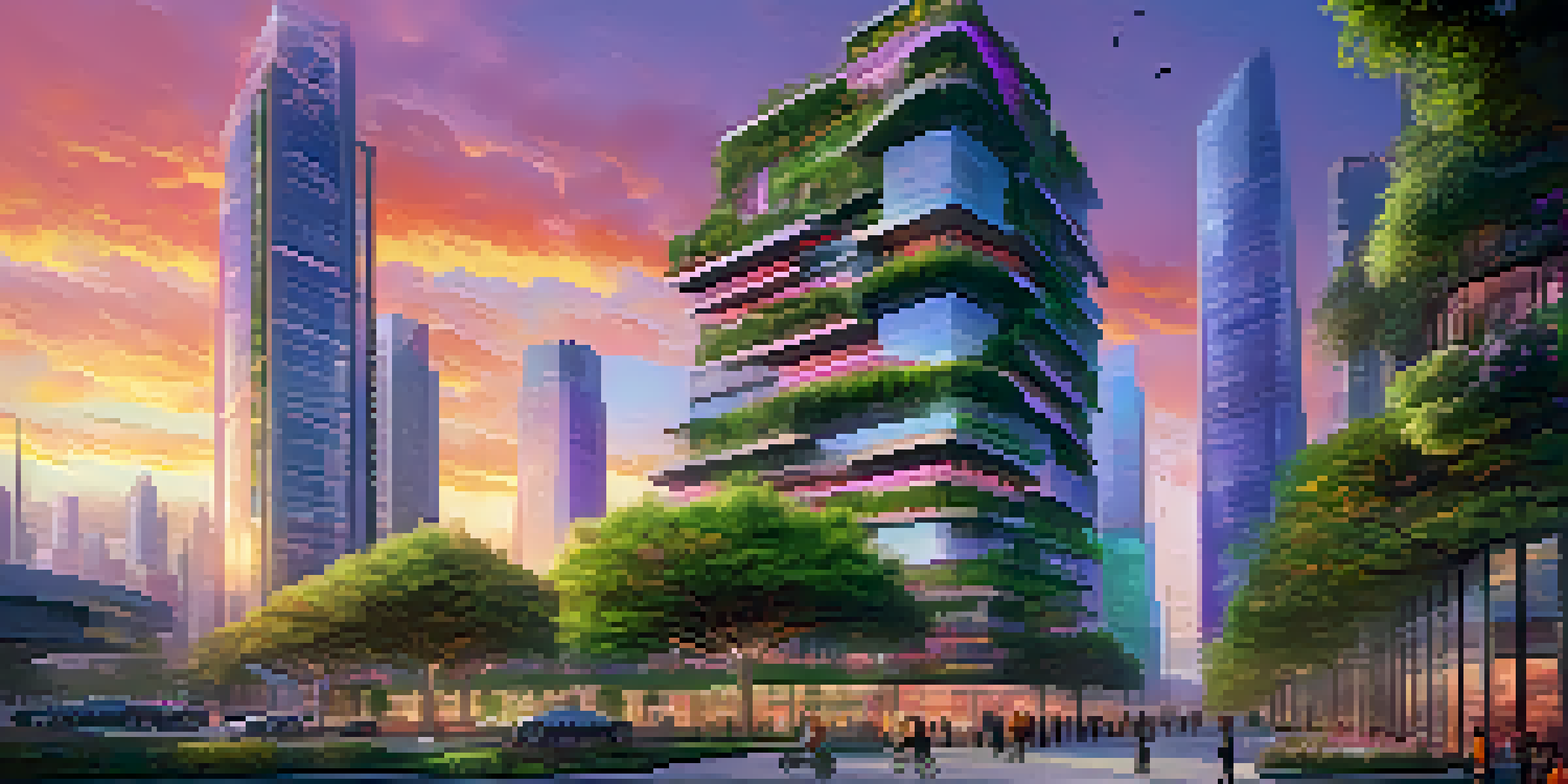 A vibrant futuristic city skyline with modern skyscrapers and green spaces at sunset.