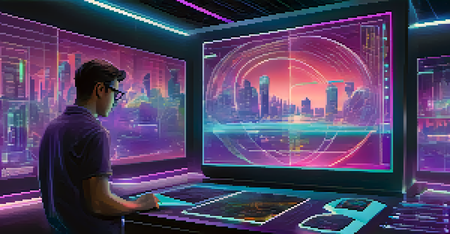 A user interacting with a holographic interface displaying decentralized storage solutions in a futuristic cityscape.