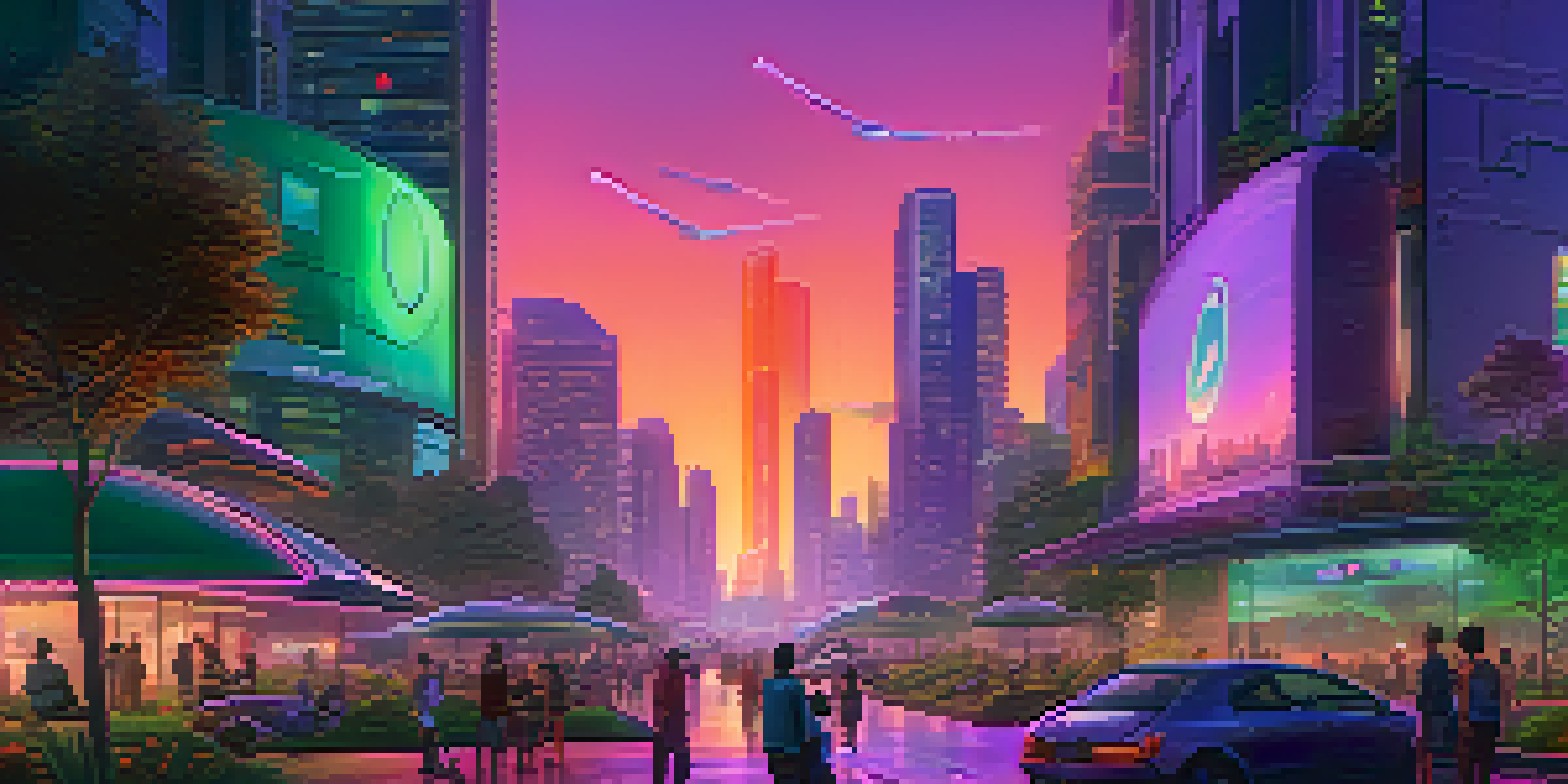 A futuristic city with nature integrated into high-rise buildings, illuminated by neon lights at dusk, and featuring flying vehicles and people in a park.