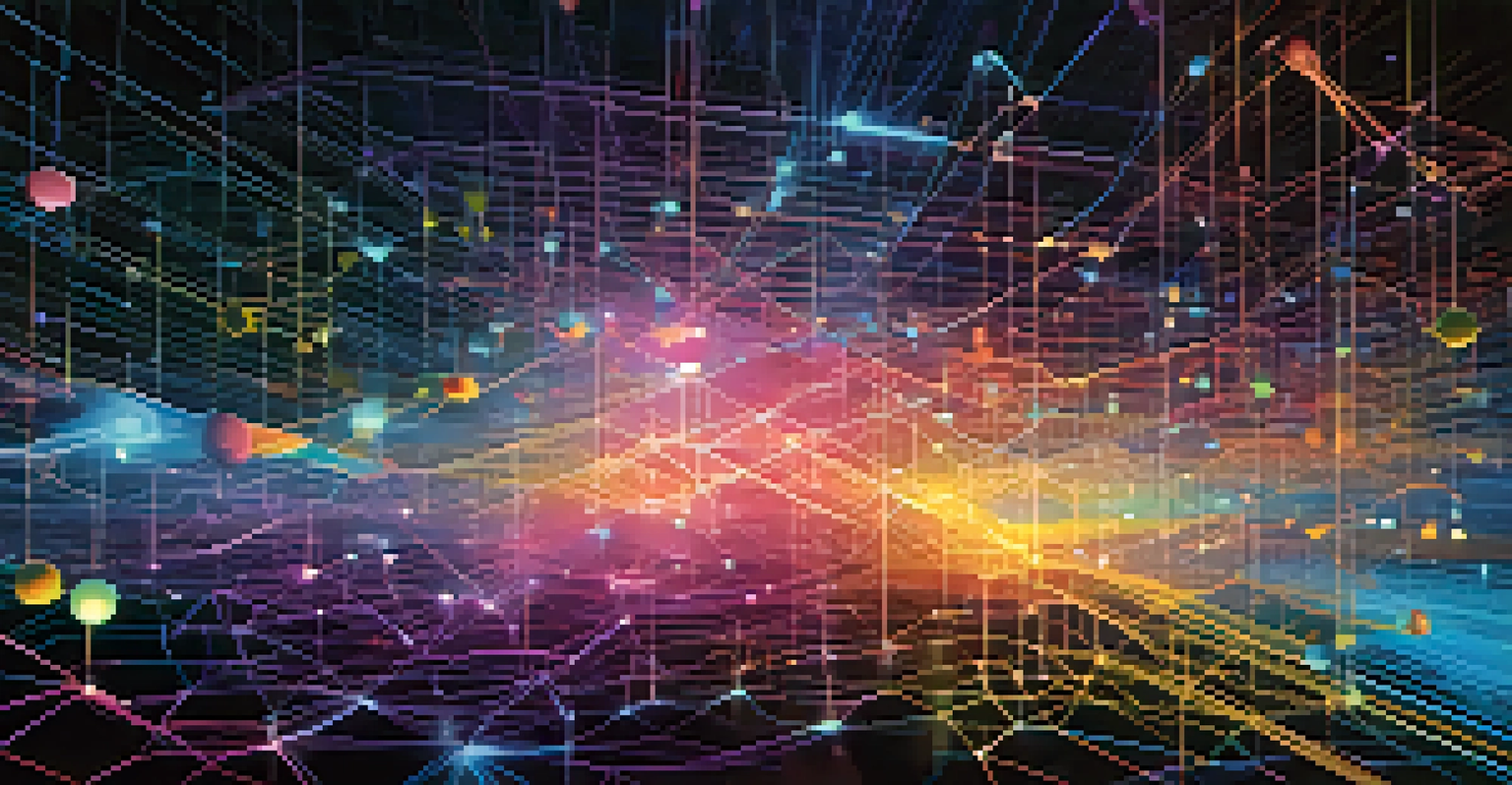 An abstract image depicting interconnected blockchain networks with bright nodes and flowing data streams in a dark background.