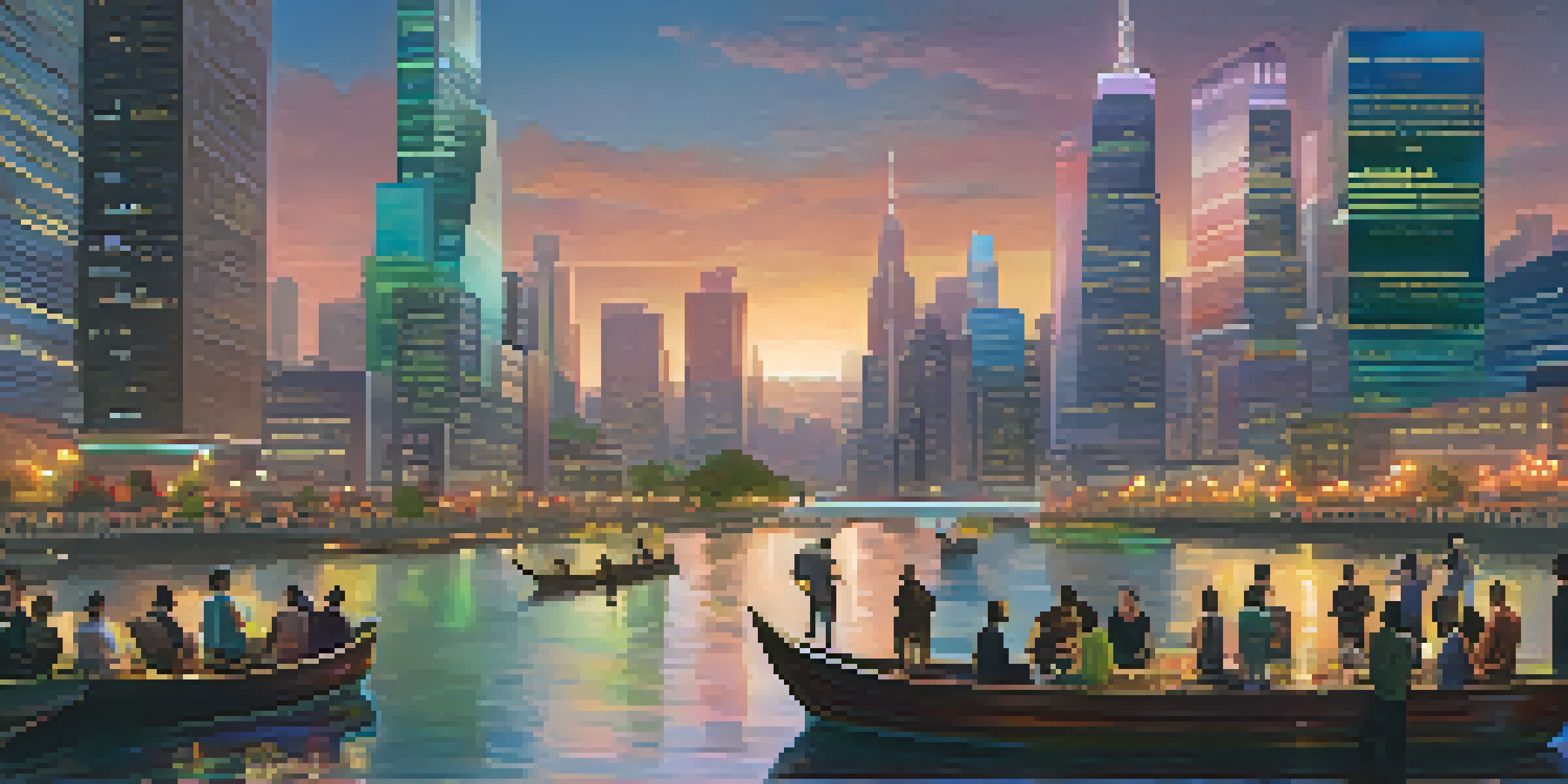 A vibrant city skyline at dusk with lights reflecting on a river, featuring a group of people looking at a digital crowdfunding screen.