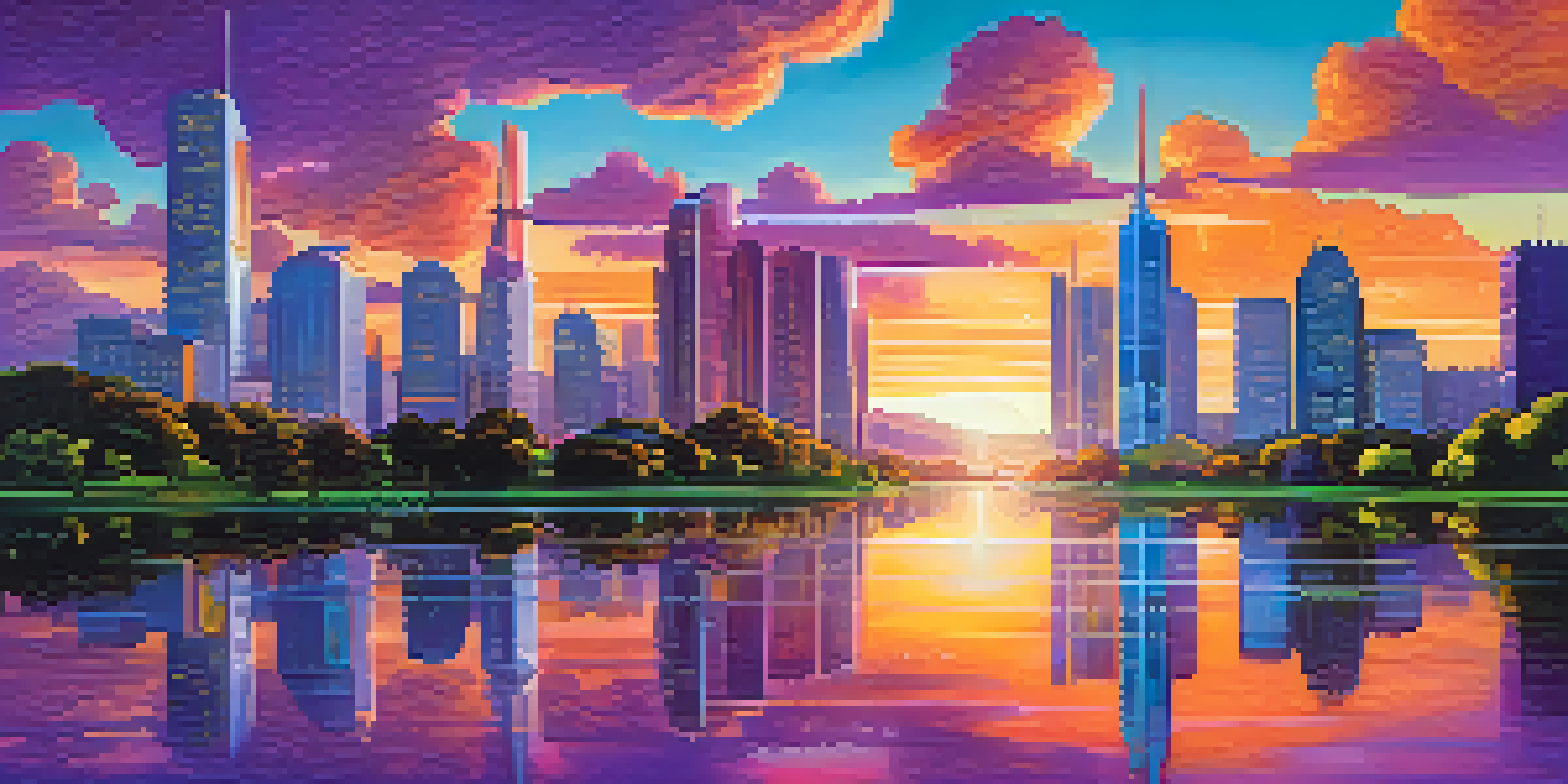 A peaceful view of a futuristic city skyline during sunset, with colorful reflections and a lush park in the foreground.