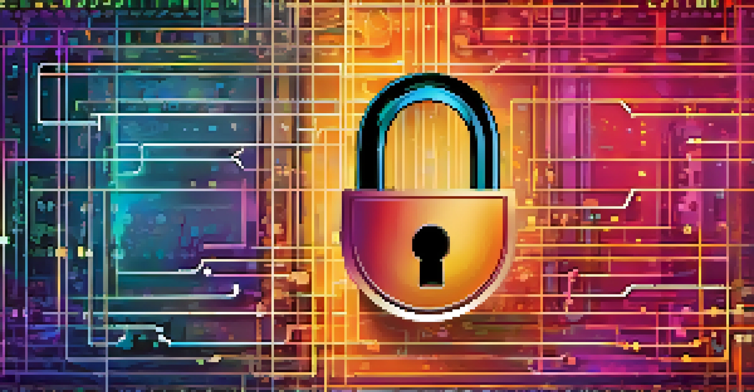 An abstract image of a digital padlock surrounded by traditional bank icons against a colorful gradient background, symbolizing security in finance.