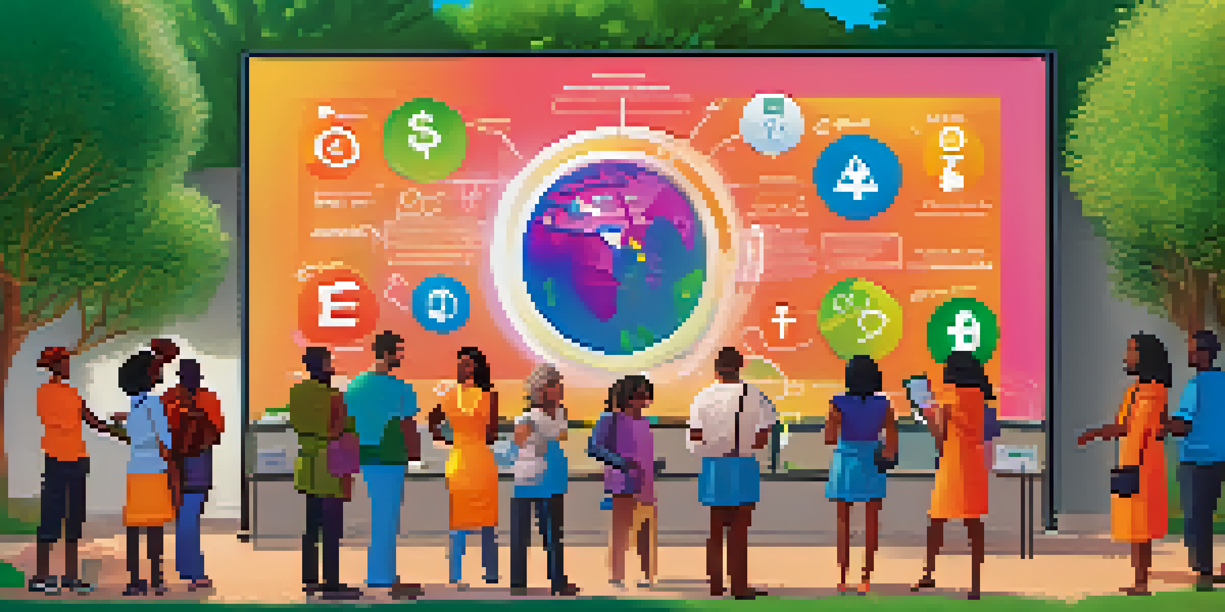 A diverse group of people engaging with an interactive screen that showcases a microdonation platform, surrounded by symbols of small donations, in a modern office with greenery.