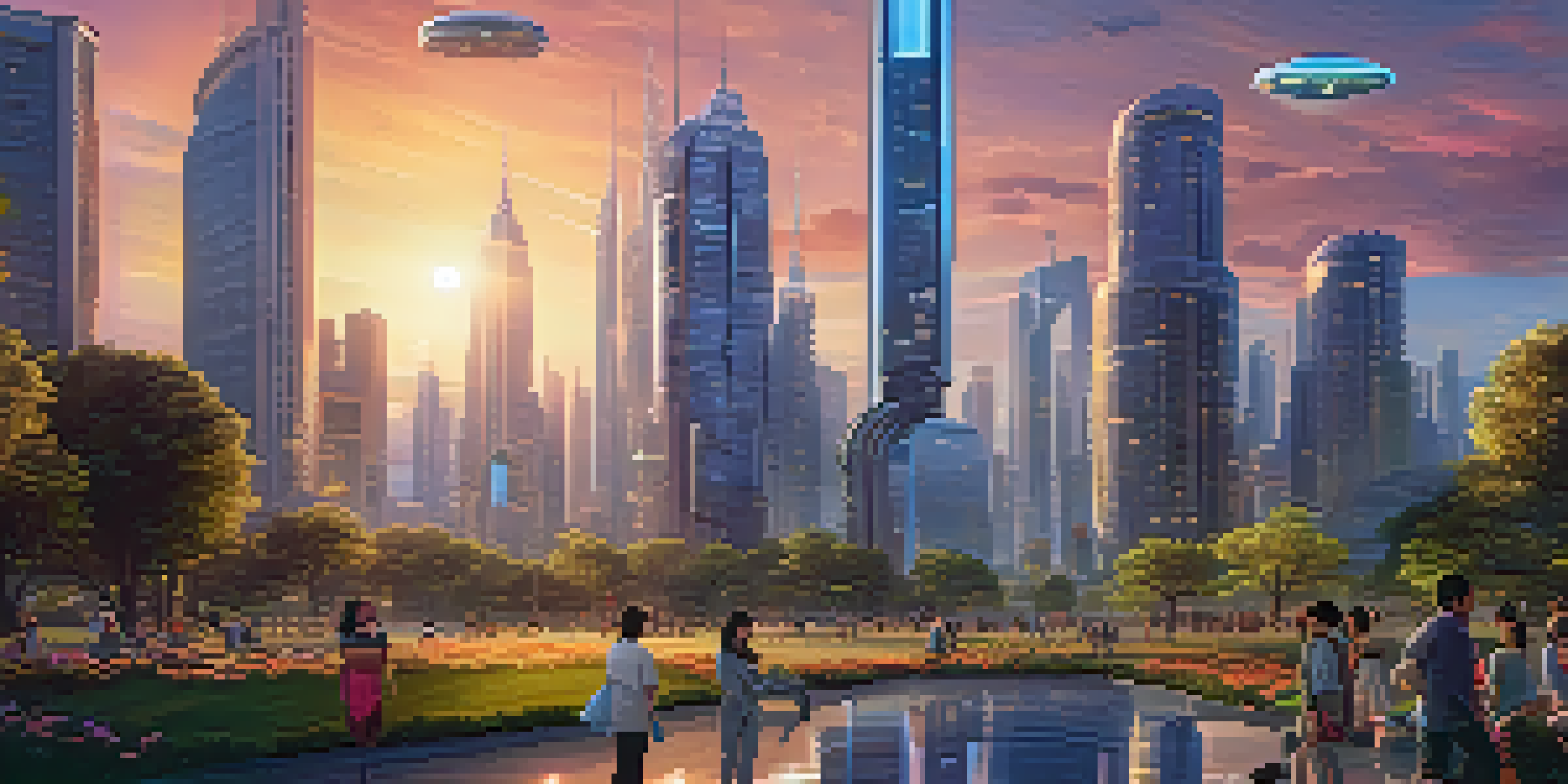 A futuristic city skyline with modern skyscrapers and greenery at sunset, featuring illuminated buildings and flying vehicles.