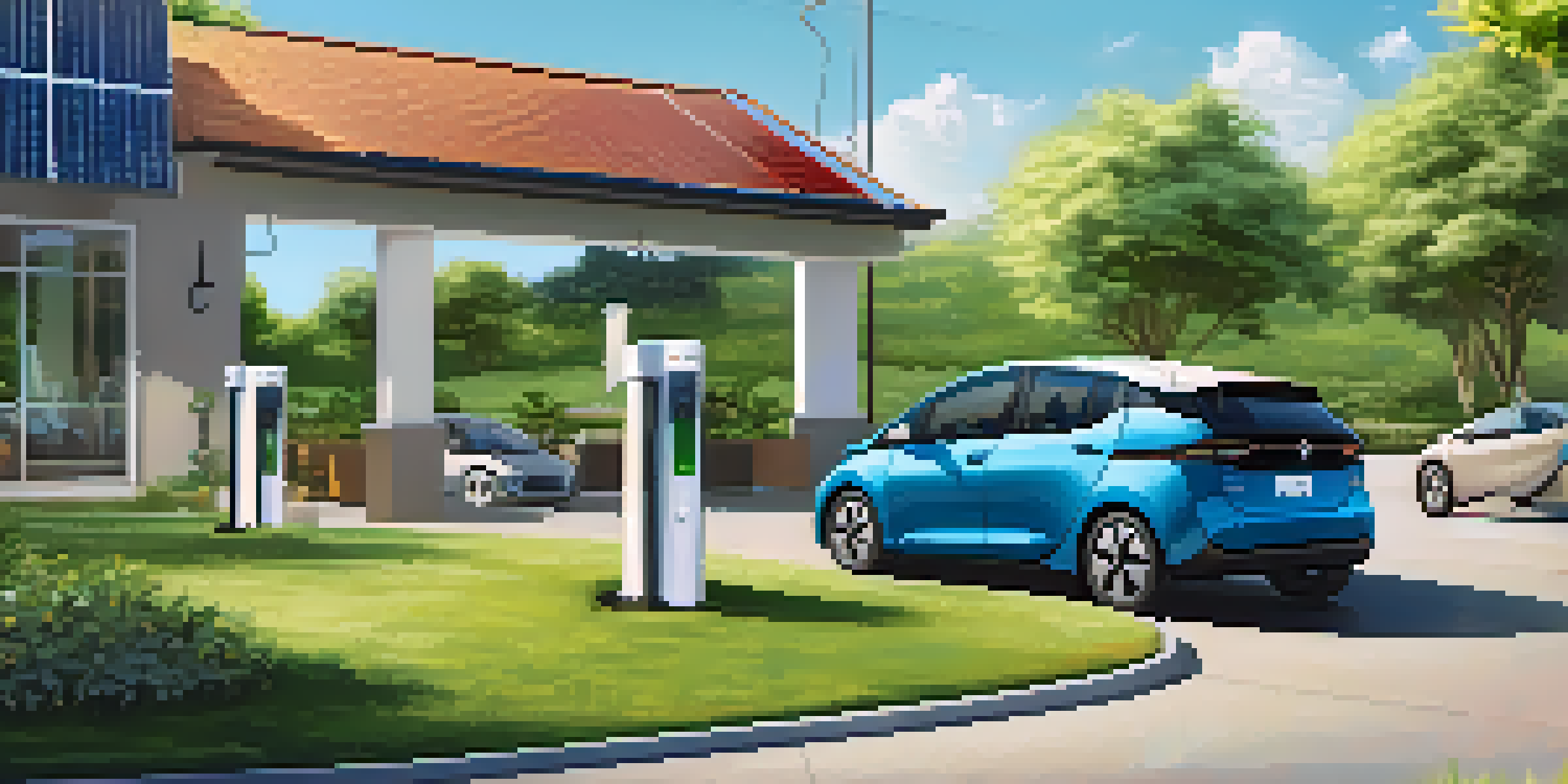 A hybrid electric vehicle charging in a green landscape with solar panels under a clear blue sky.
