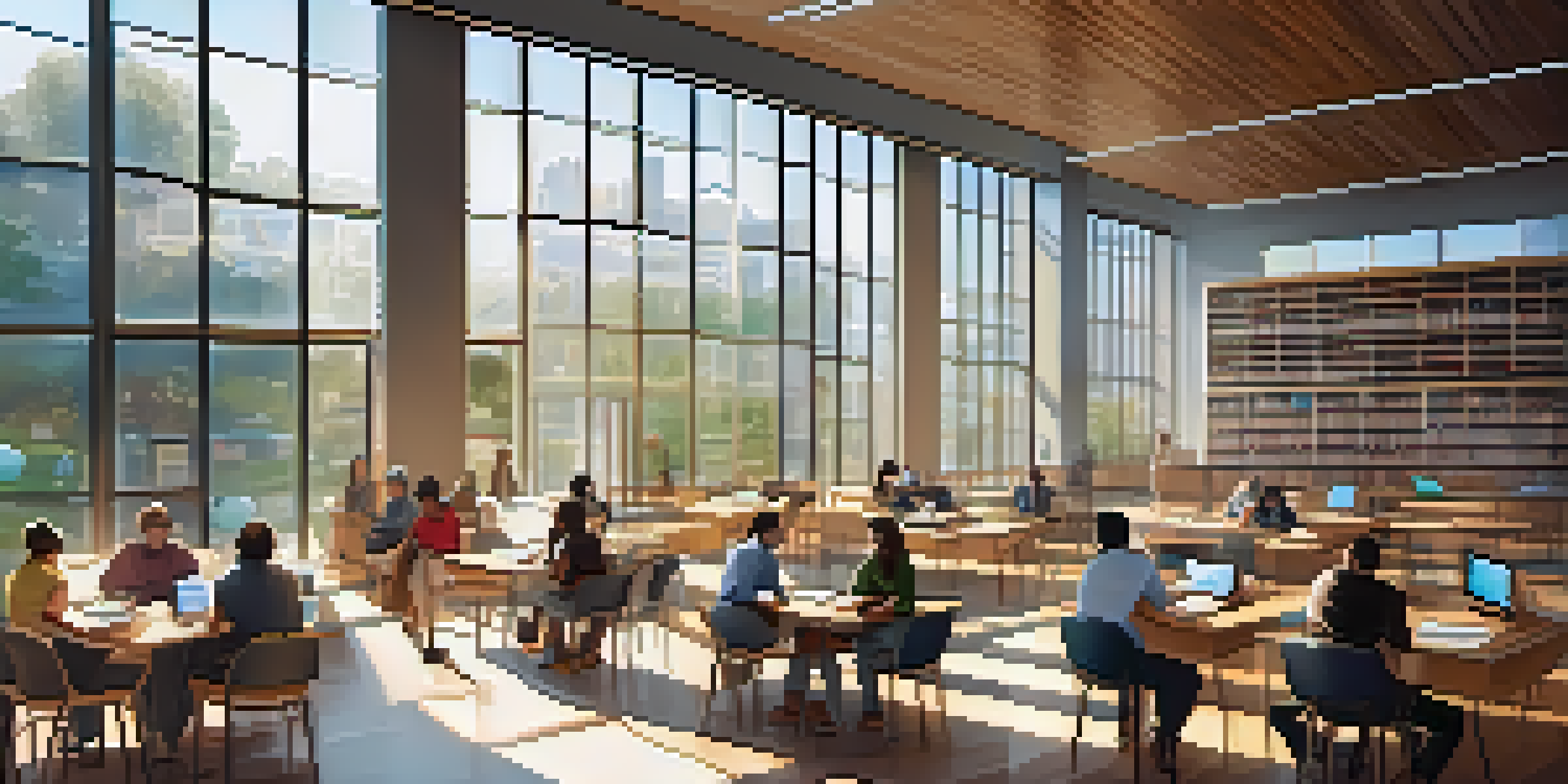 A public library with transparent walls displaying blockchain transactions and people engaging in discussions about transparency and knowledge.