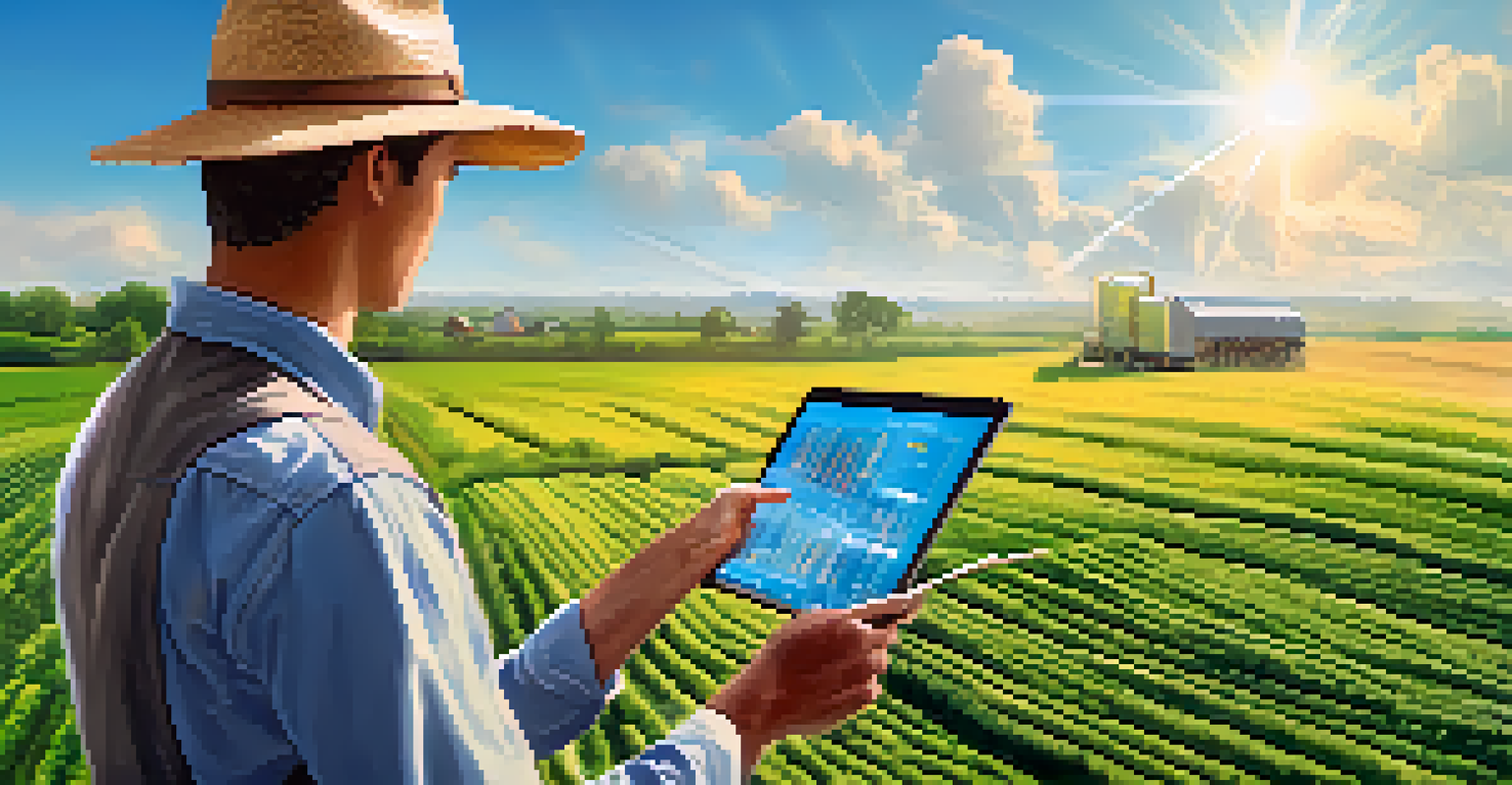 A farmer in a field examining crops with a digital overlay of blockchain traceability on a tablet.