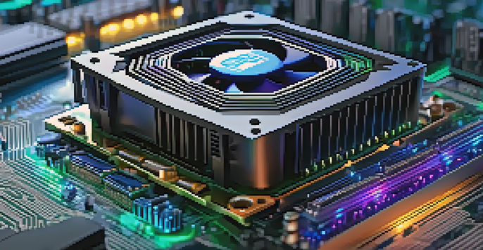 Close-up view of a powerful GPU on a motherboard, highlighted by colorful LED lights.