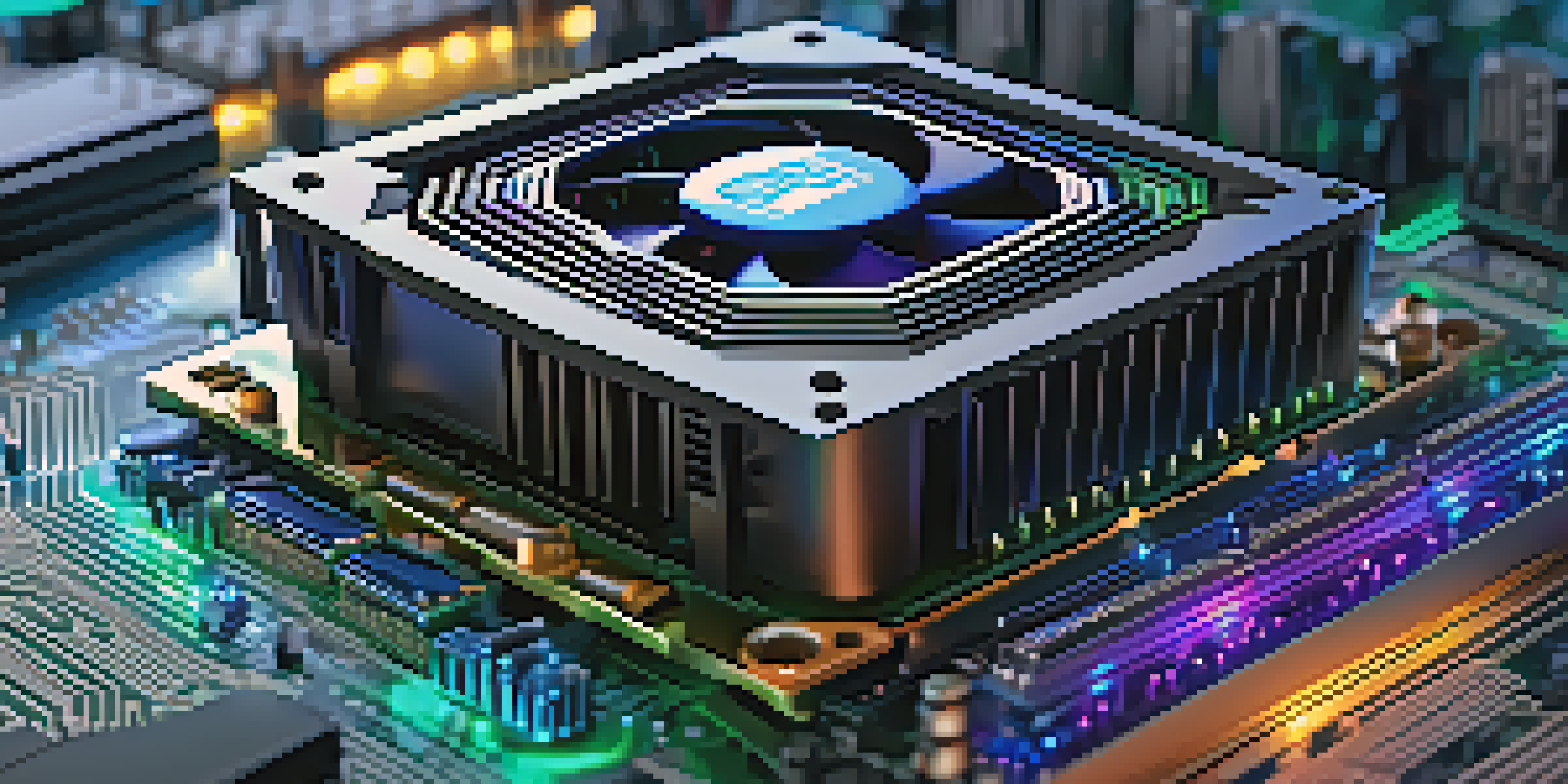 Close-up view of a powerful GPU on a motherboard, highlighted by colorful LED lights.