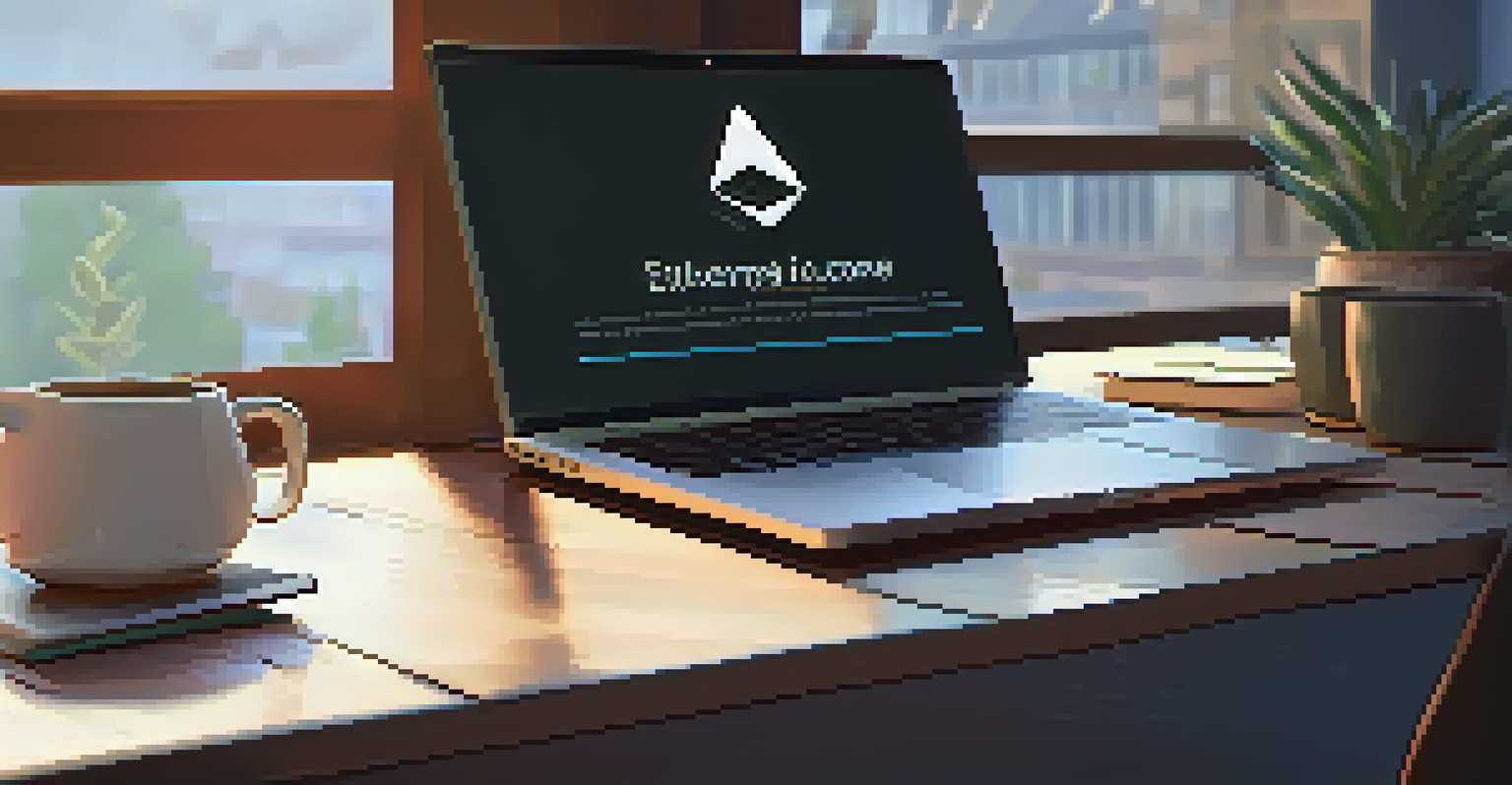 A developer's workspace with a laptop displaying Ethereum smart contract code, surrounded by books and a coffee cup in warm light.