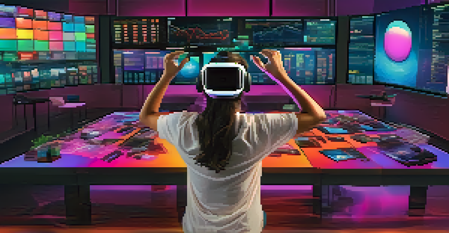 A user in a virtual reality setup practicing trading with floating graphics of stocks and financial concepts around them.