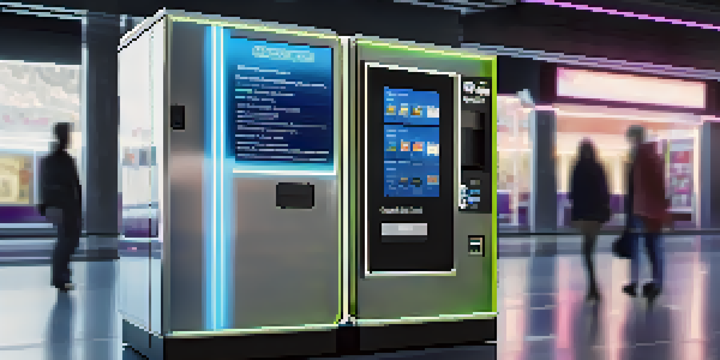A futuristic vending machine displaying transaction details, set in a modern environment with ambient lighting.