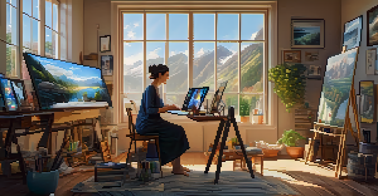 A digital artist working in a cozy studio, surrounded by art supplies and screens with NFTs.