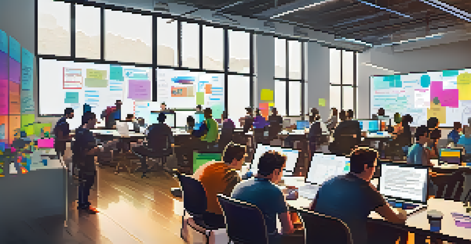 Developers collaborating at a hackathon, surrounded by laptops, whiteboards, and colorful sticky notes in a bright room.