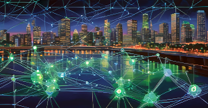 An illustration of a blockchain network, highlighting a bright mainnet in blue and green, alongside a pastel-colored testnet, with a city skyline at night in the background.