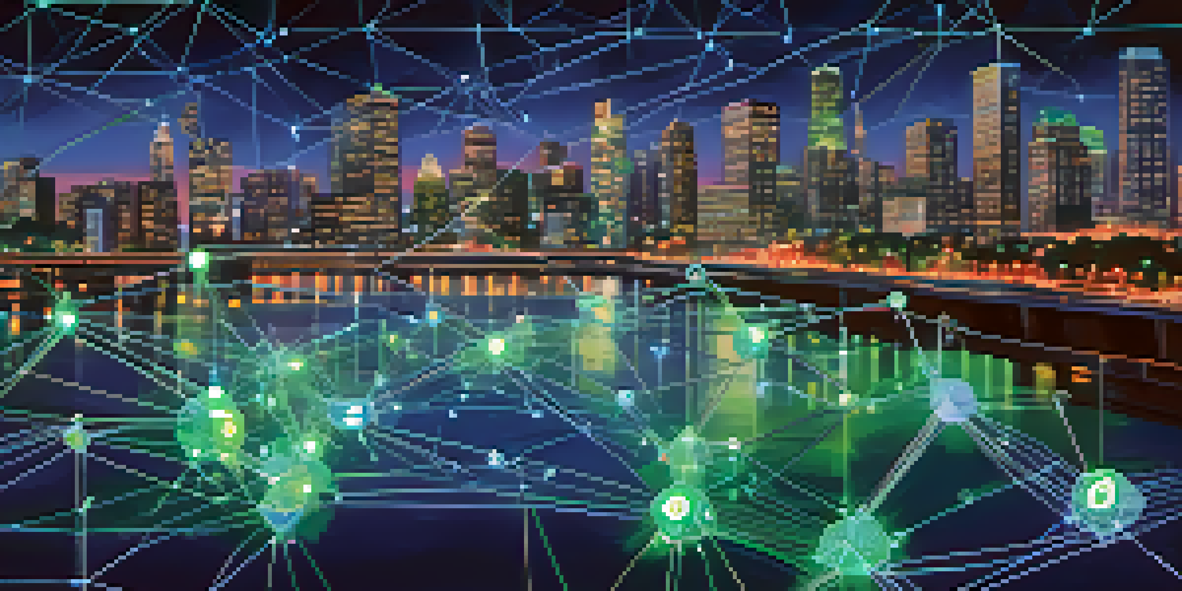 An illustration of a blockchain network, highlighting a bright mainnet in blue and green, alongside a pastel-colored testnet, with a city skyline at night in the background.