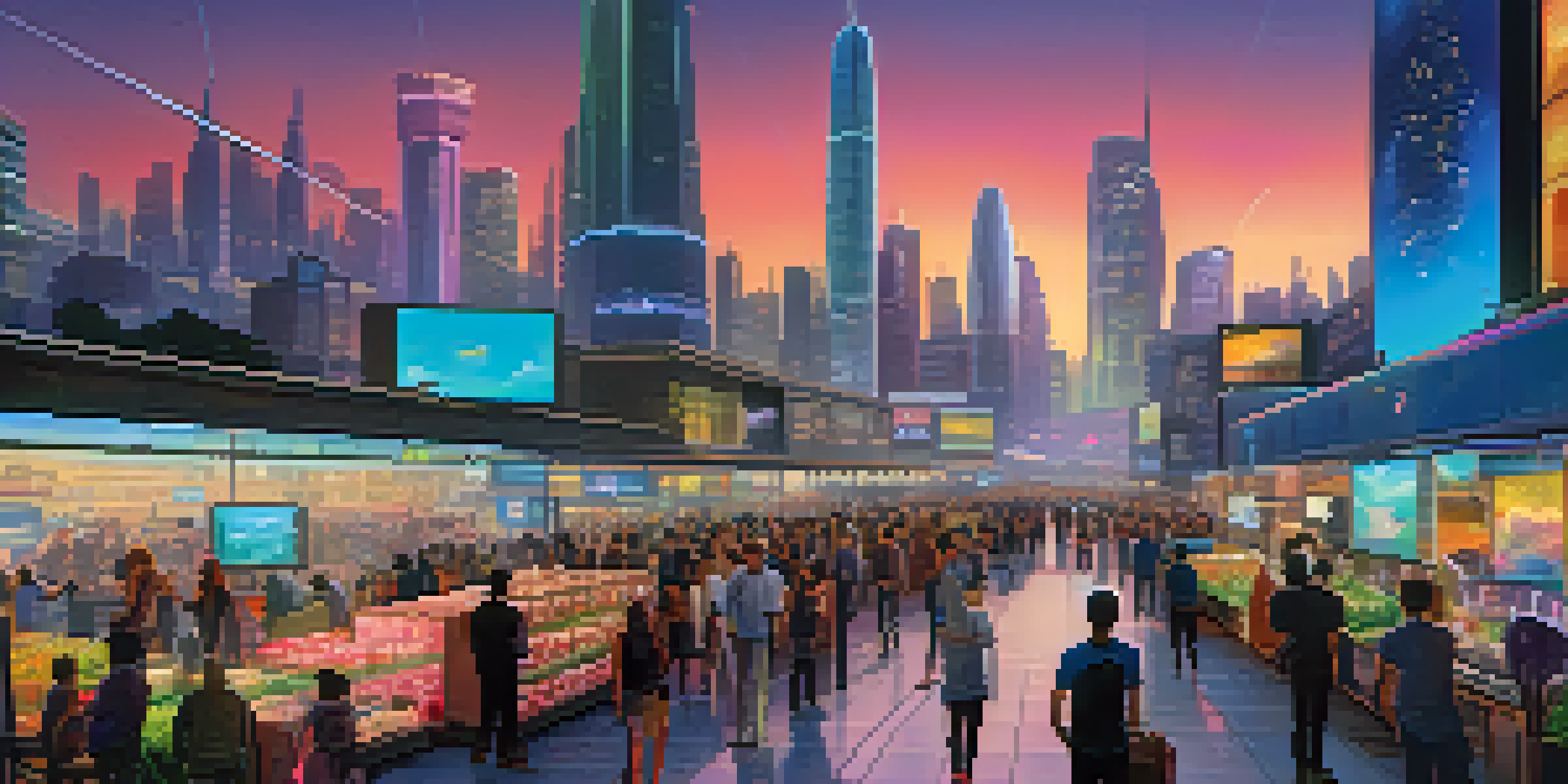 A busy futuristic city with modern skyscrapers and a marketplace where people are using devices to access decentralized applications.