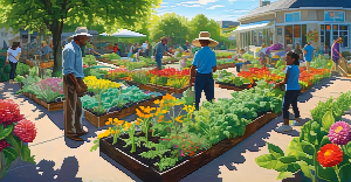 A diverse group of people working together in a colorful community garden, planting flowers and vegetables under a sunny sky.