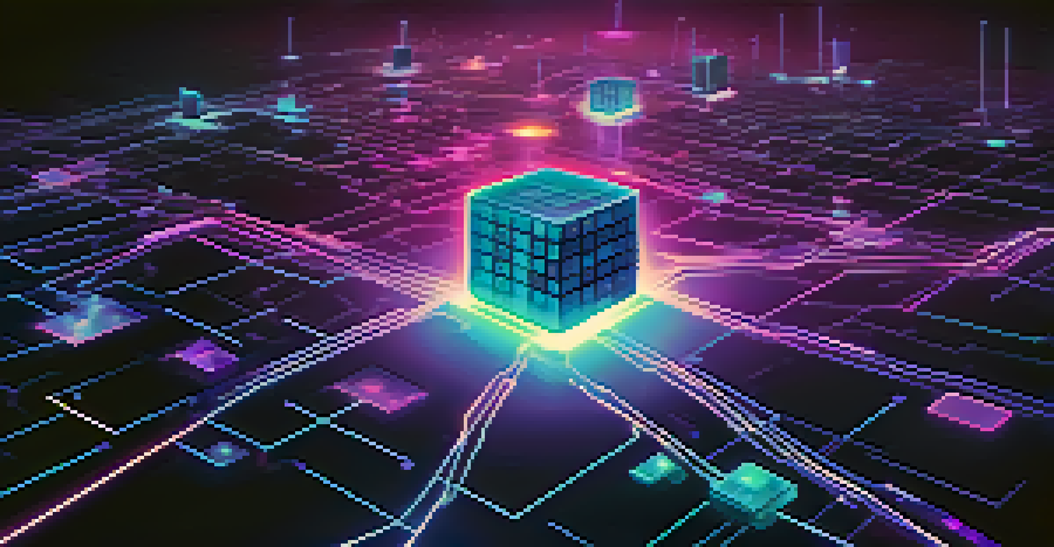 An abstract illustration of a blockchain network with glowing tokens representing IoT devices, set against a blue and purple digital background.