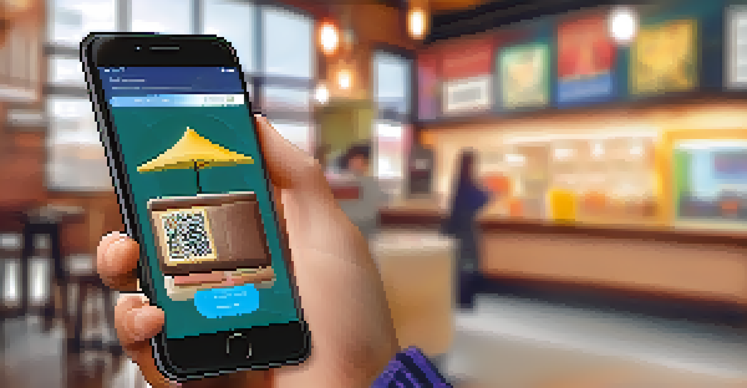 A close-up of a hand holding a smartphone with a dApp interface in a coffee shop setting.