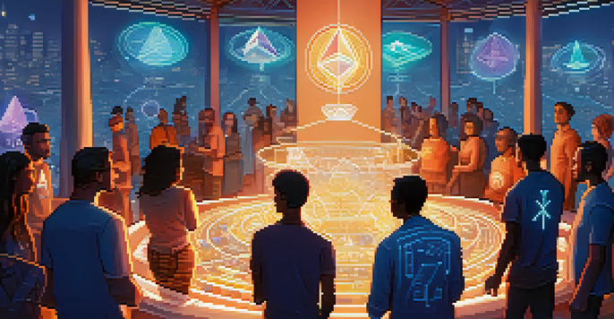A colorful depiction of an Ethereum tokenomics ecosystem with users interacting with tokens and digital interfaces.