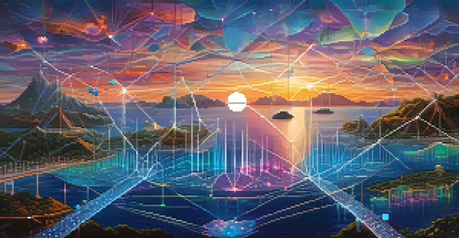 An abstract image showing interconnected islands representing different blockchains, linked by bridges under a sunset sky.
