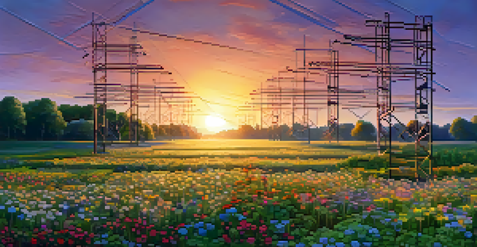 A peaceful landscape with colorful interconnected nodes representing a decentralized storage network, under a sunset sky.