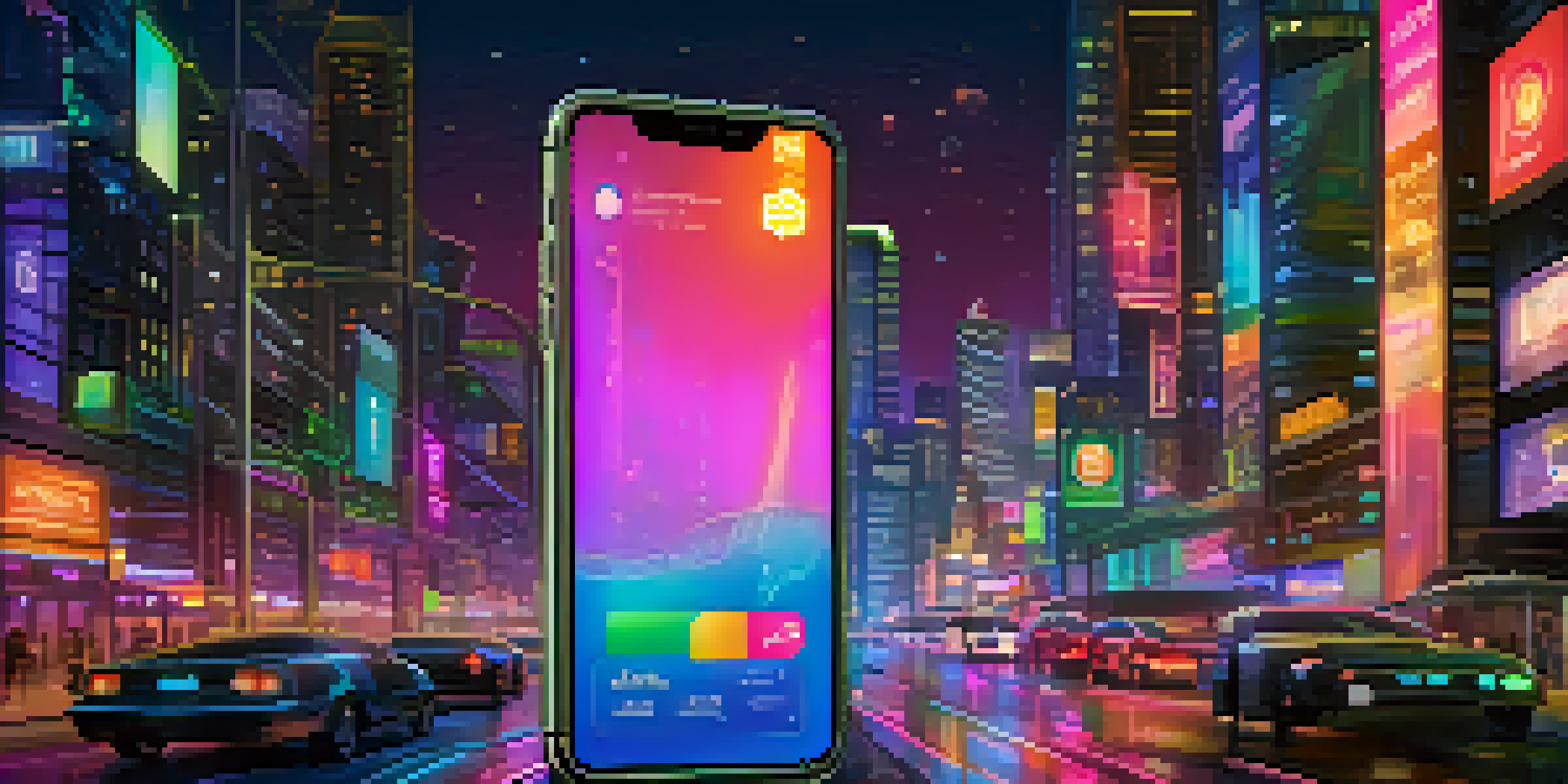 A vibrant smartphone displaying a digital wallet interface with Ethereum icons amidst a busy city skyline at night.