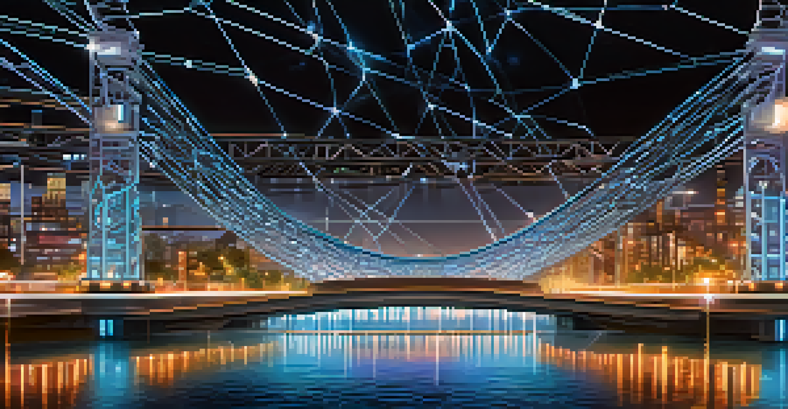 A high-tech blockchain bridge spanning over a digital river with glowing data streams.