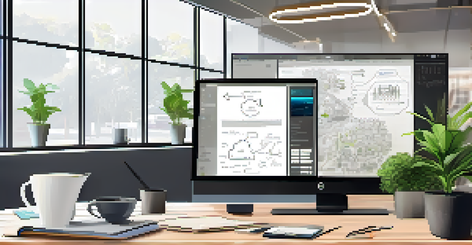 An open workspace featuring a screen with a decentralized funding interface, with coffee and notes nearby, in a bright environment.