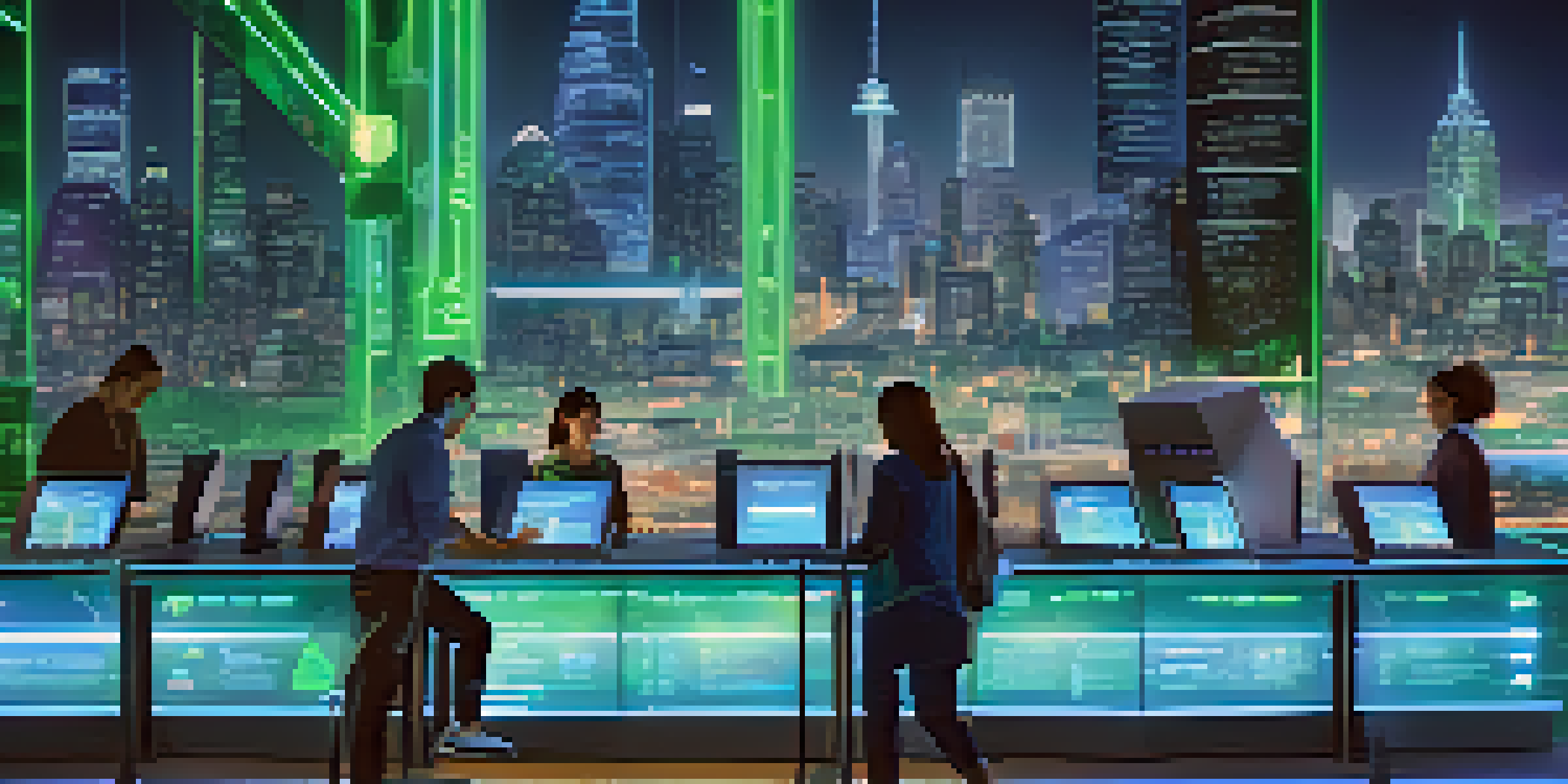 A modern voting station showcasing a digital interface for smart contracts, with diverse voters in a futuristic city setting.