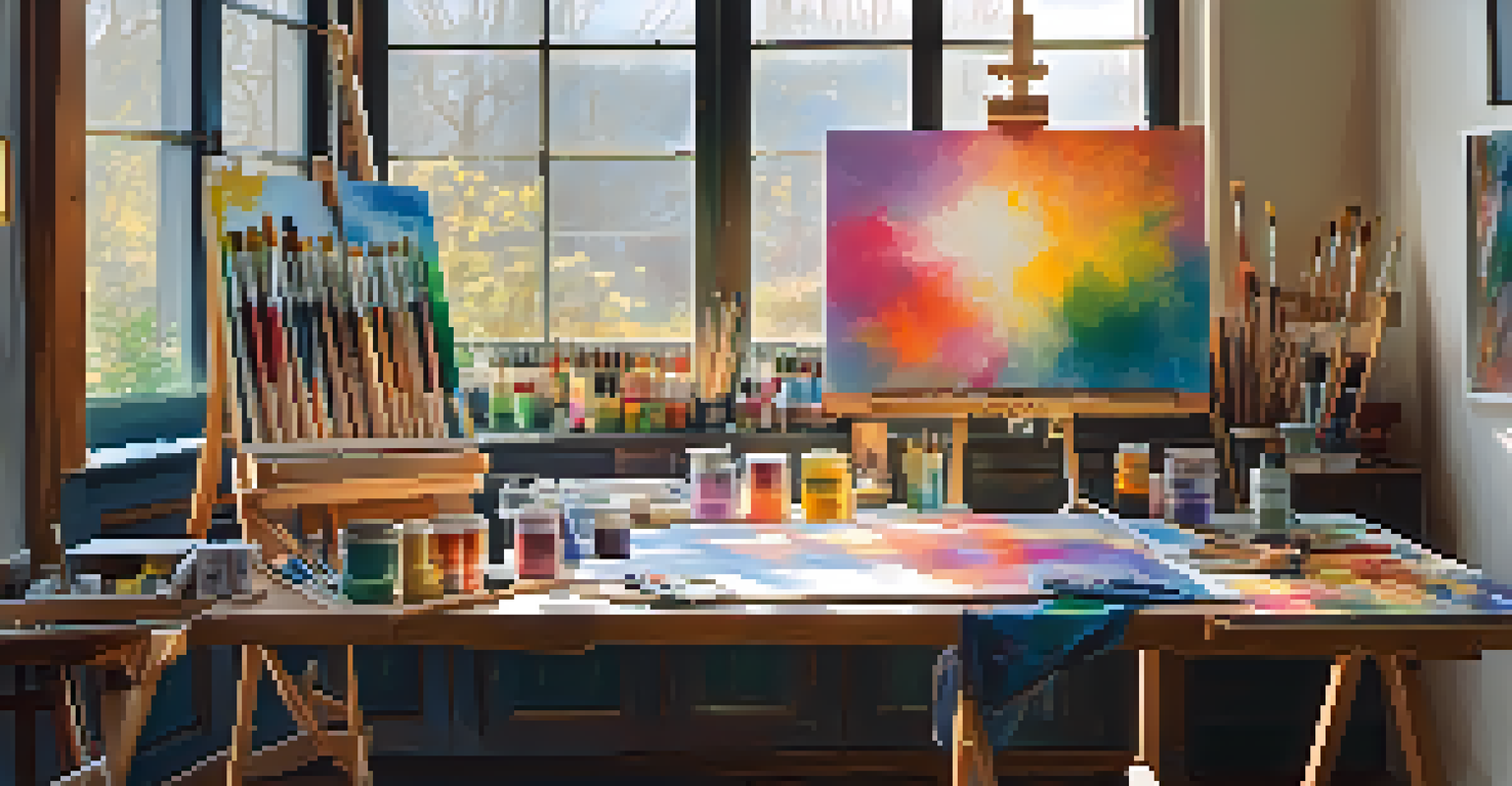 An artist's workspace with paints and canvases, illuminated by natural light.