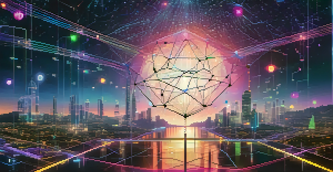 A digital network of decentralized oracles with glowing nodes and data streams, set against a starry night sky.