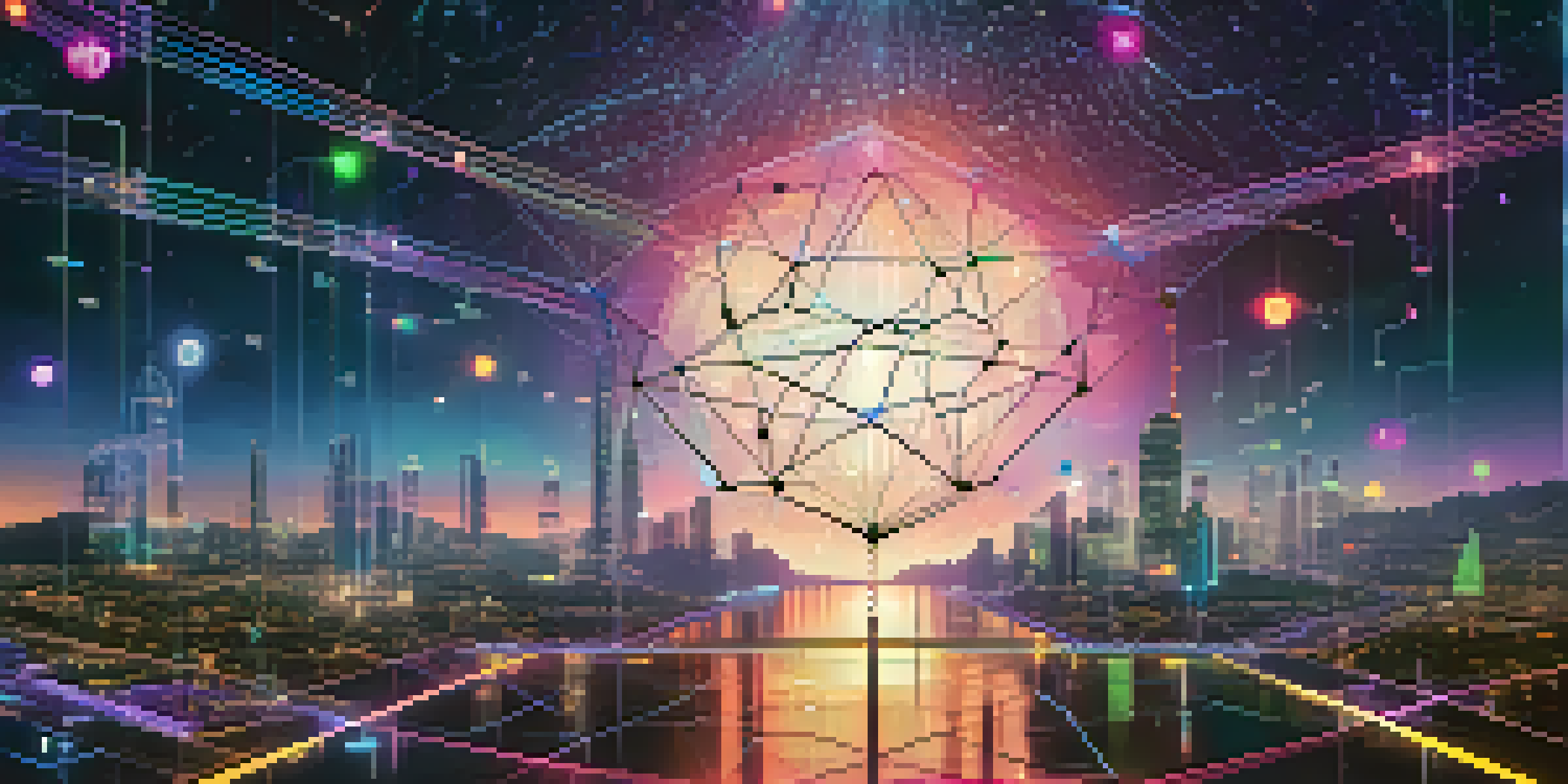 A digital network of decentralized oracles with glowing nodes and data streams, set against a starry night sky.