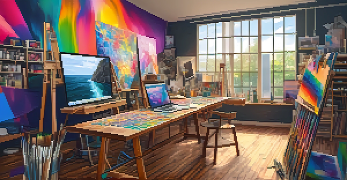 An artist in a bright studio working on a colorful abstract painting, surrounded by art supplies and a digital tablet.