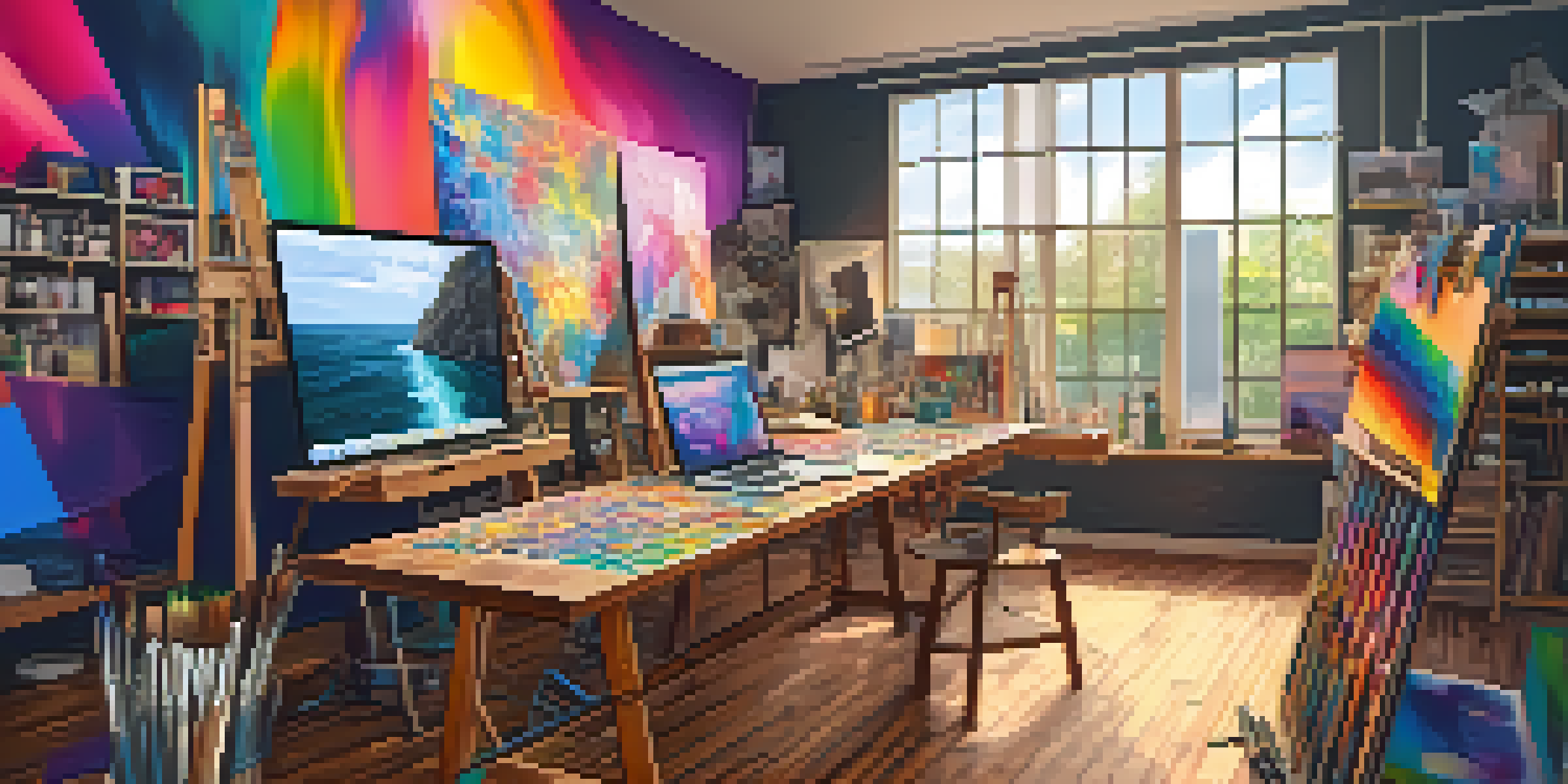 An artist in a bright studio working on a colorful abstract painting, surrounded by art supplies and a digital tablet.