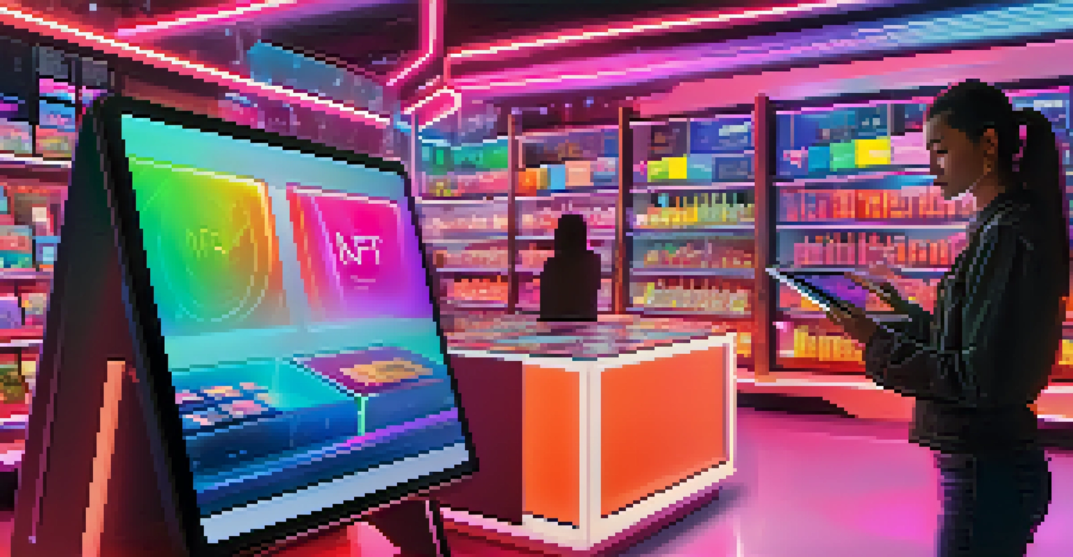 A person using a tablet to purchase an NFT in a modern virtual marketplace with glowing digital screens.