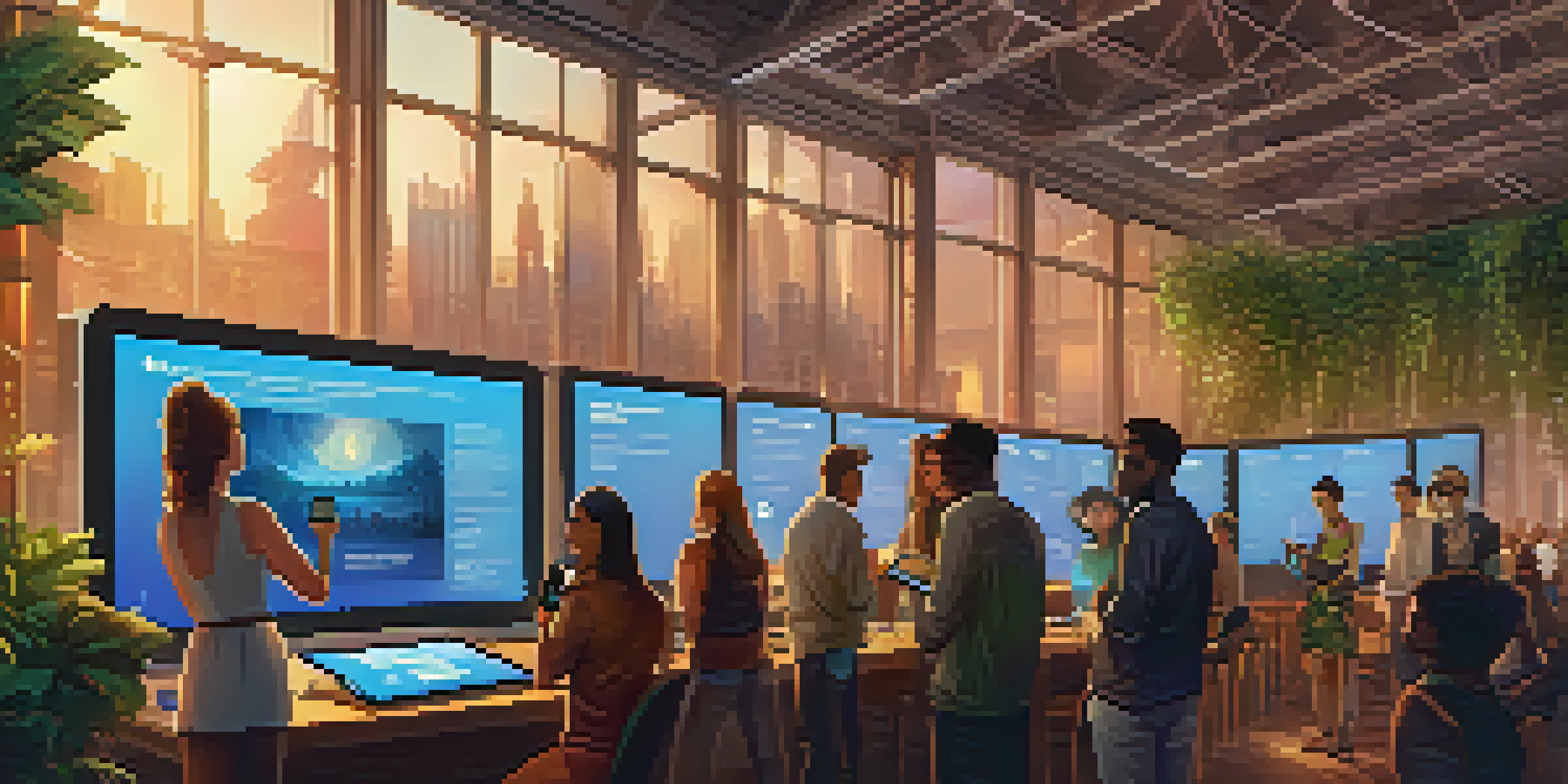 A lively Ethereum crowdfunding event with people discussing projects, a digital screen displaying pitches, and tokens in hand, set in a modern venue.