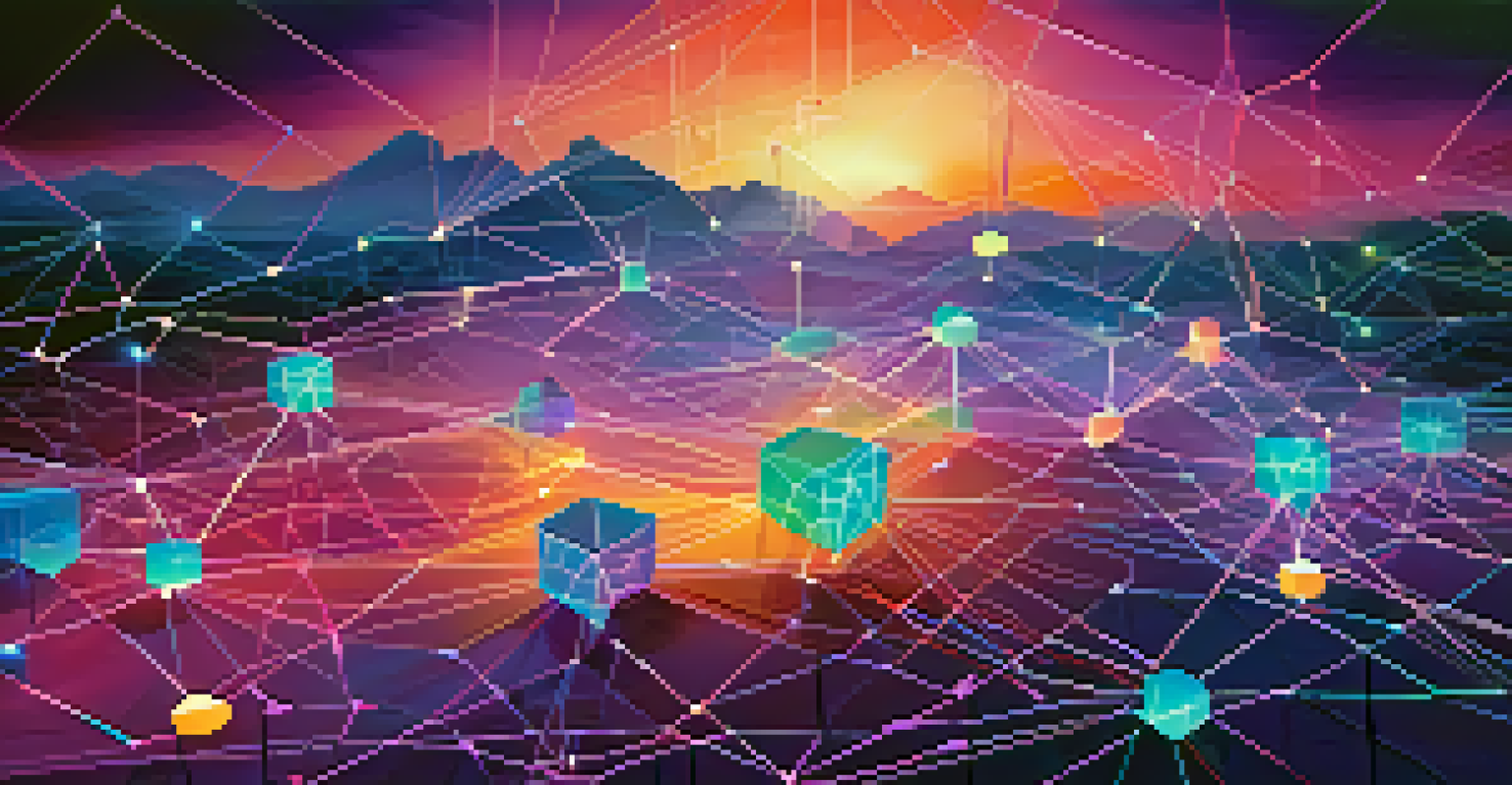 An abstract depiction of interconnected blockchain networks with colorful nodes and glowing lines, set against a digital landscape.