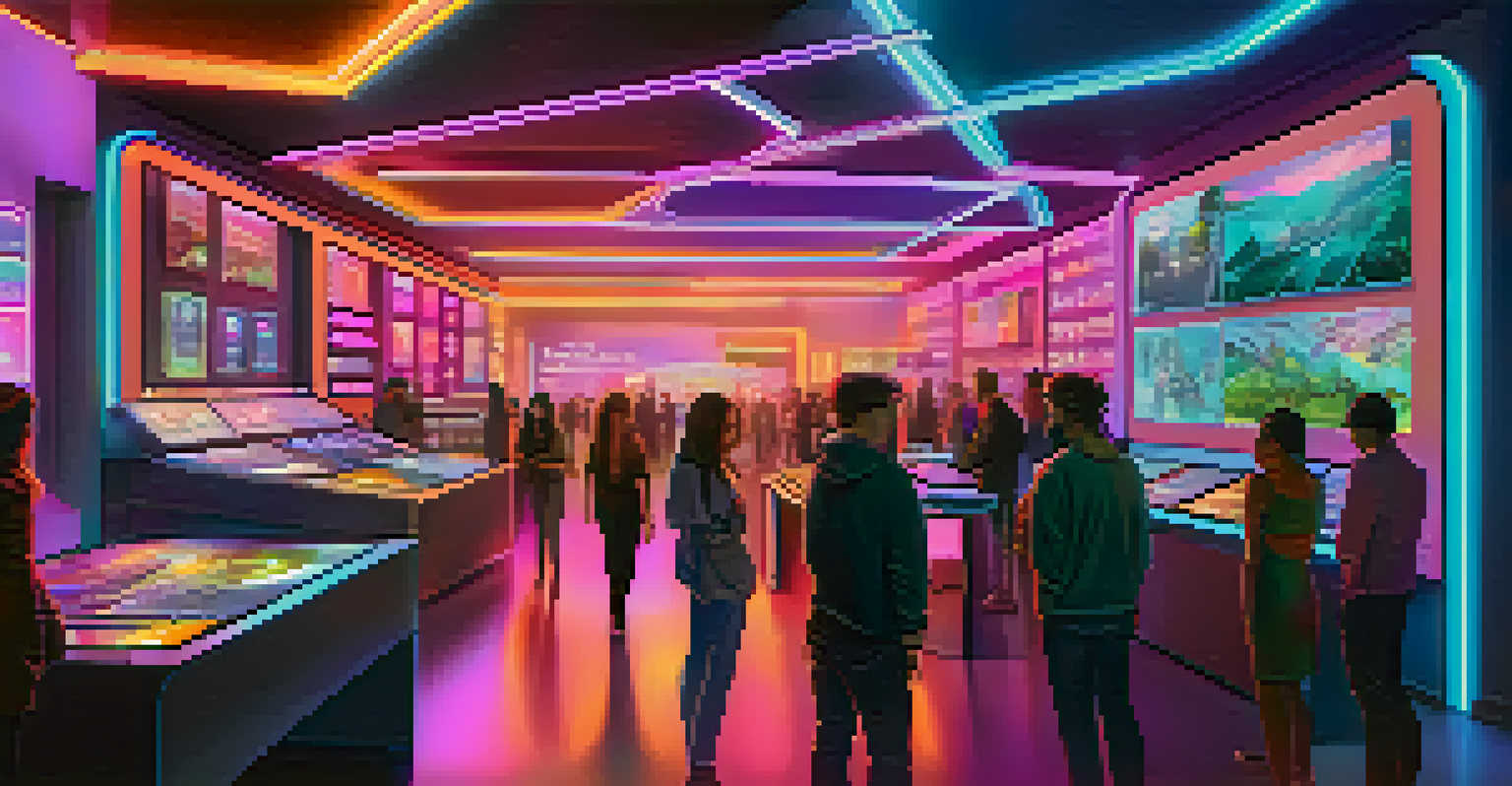 A futuristic NFT marketplace with digital art showcased on screens, where creators and collectors interact in a high-tech atmosphere.