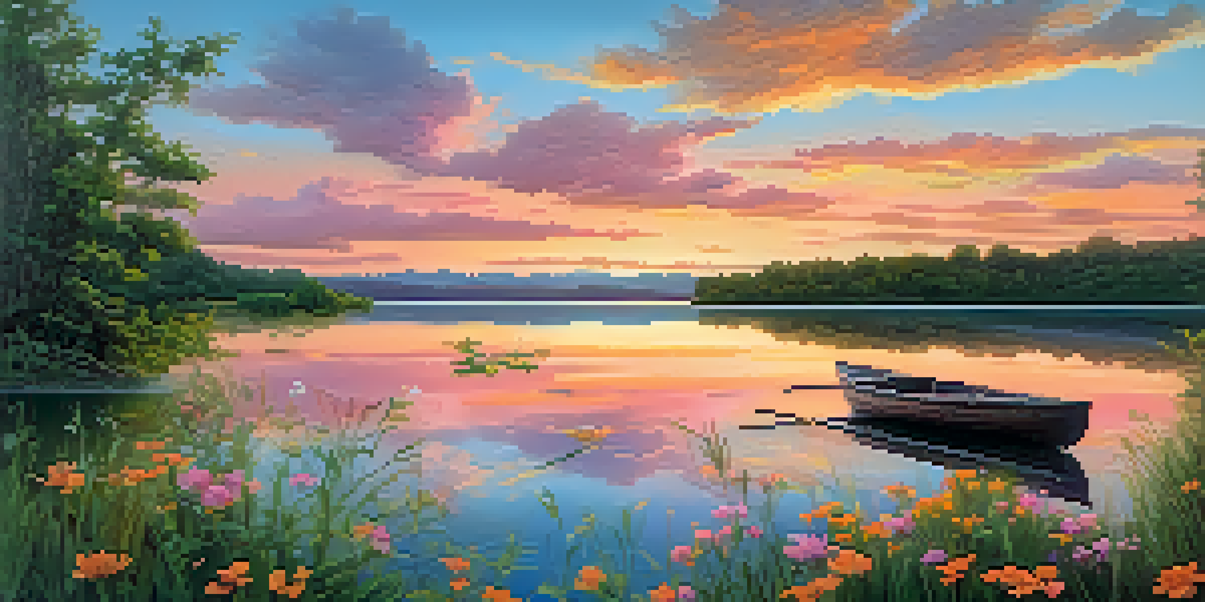 A beautiful sunset over a calm lake with a wooden boat and colorful reflections on the water.