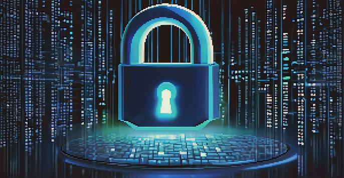 A digital lock surrounded by floating binary code, representing online security, with a dark background and glowing elements.
