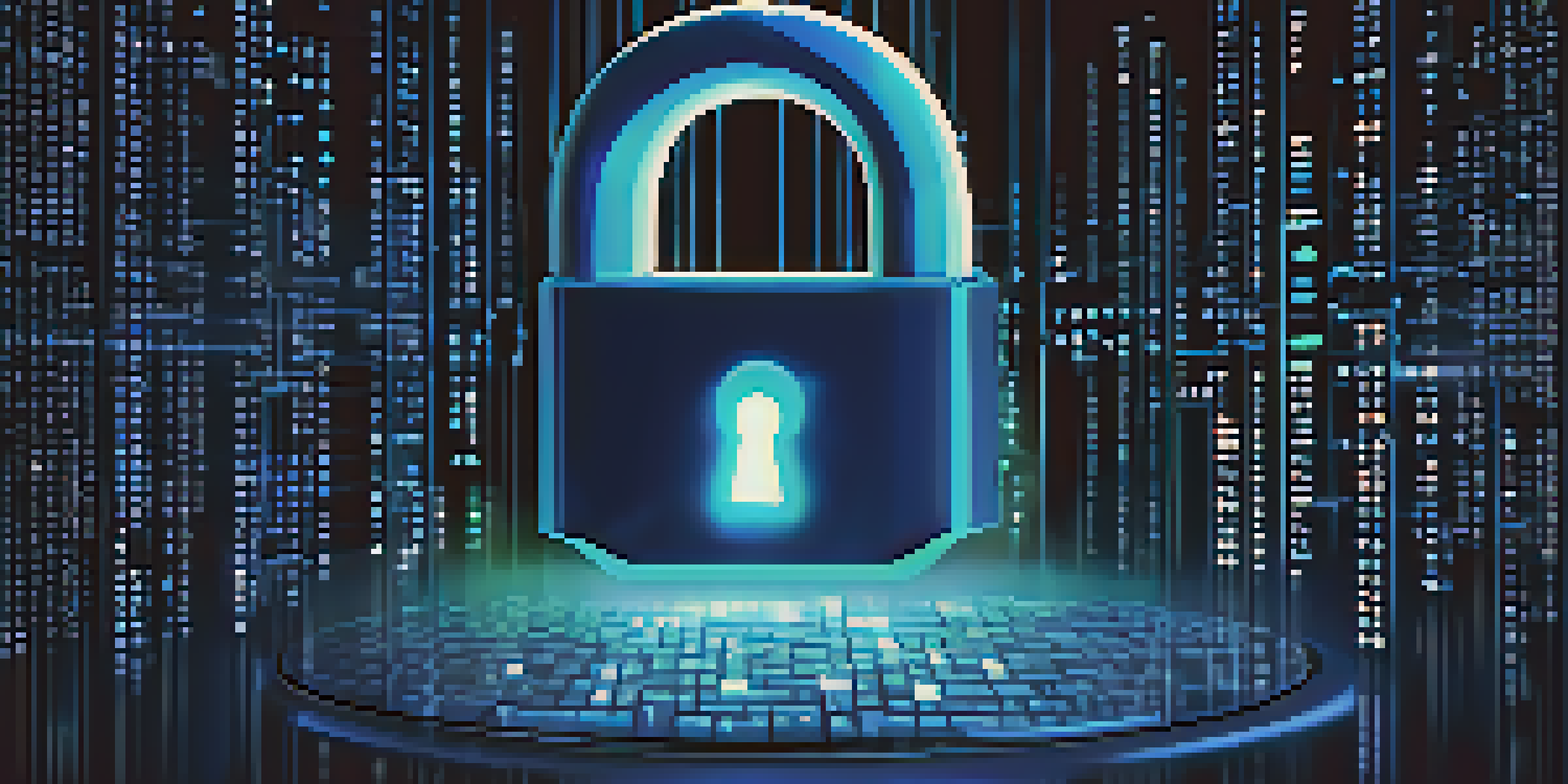 A digital lock surrounded by floating binary code, representing online security, with a dark background and glowing elements.