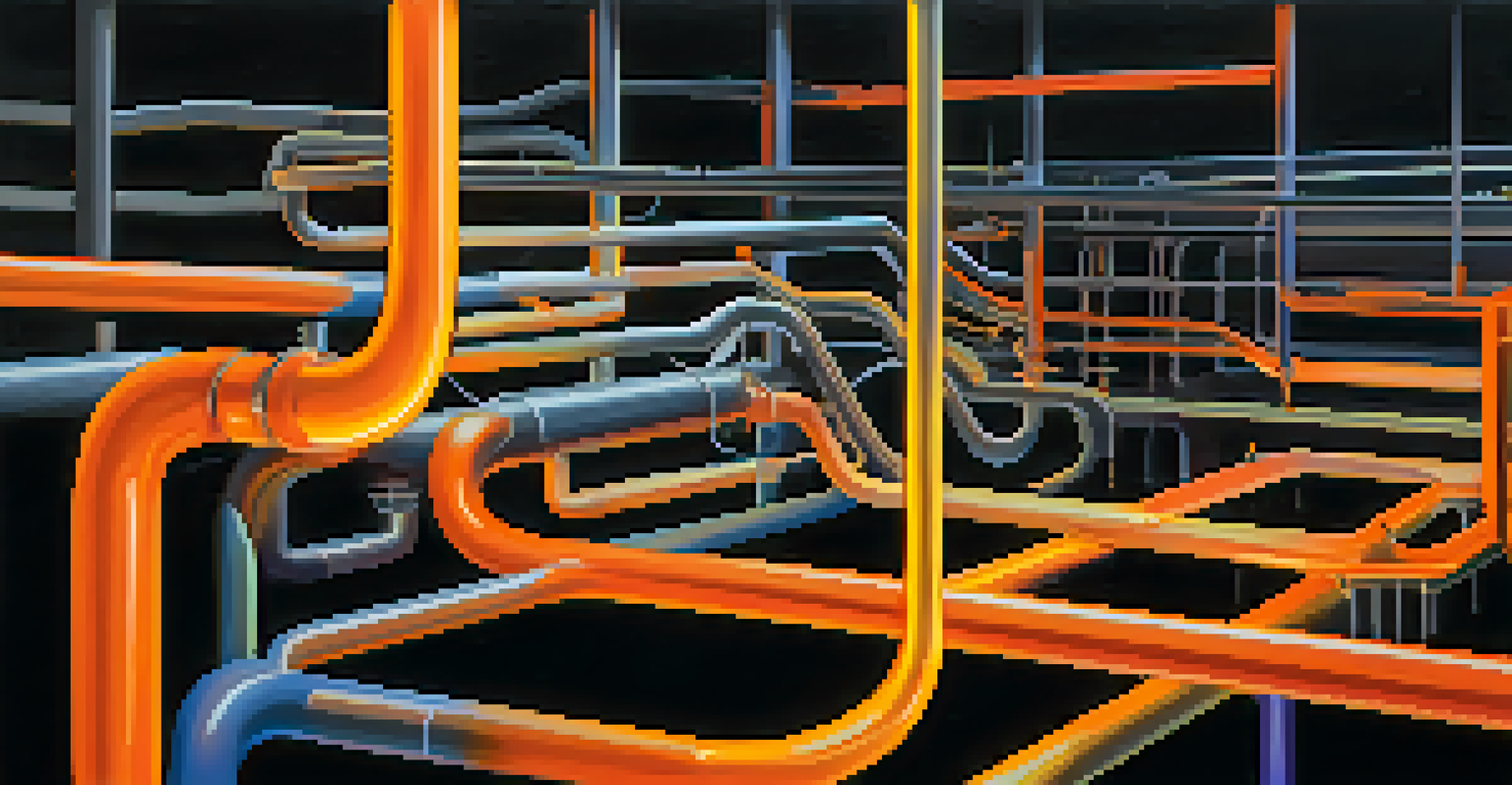 An abstract image of gas flowing through pipes, with orange and yellow gradients and Ethereum symbols floating within.