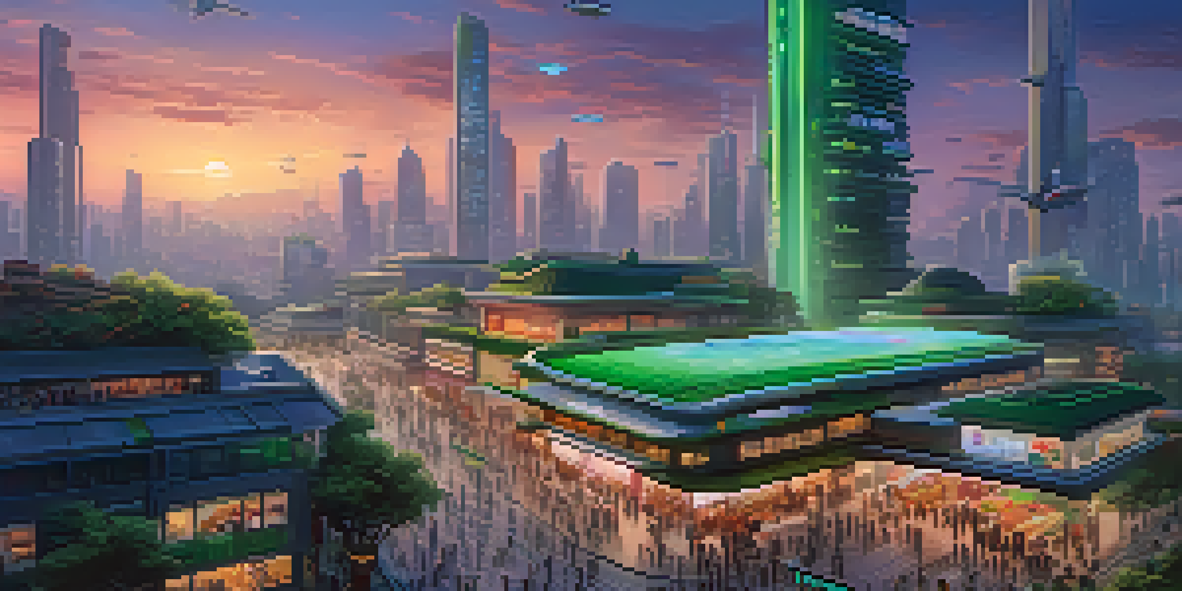A futuristic city with skyscrapers, flying vehicles, and a bustling market at dusk, illuminated by neon lights.