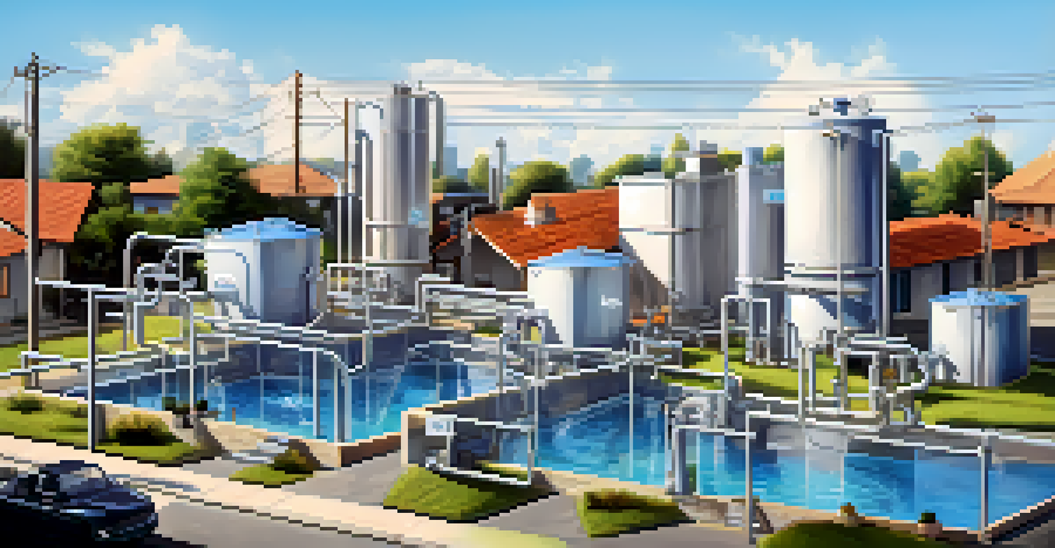 A decentralized water supply system with interconnected tanks and blockchain symbol, illustrating community engagement.