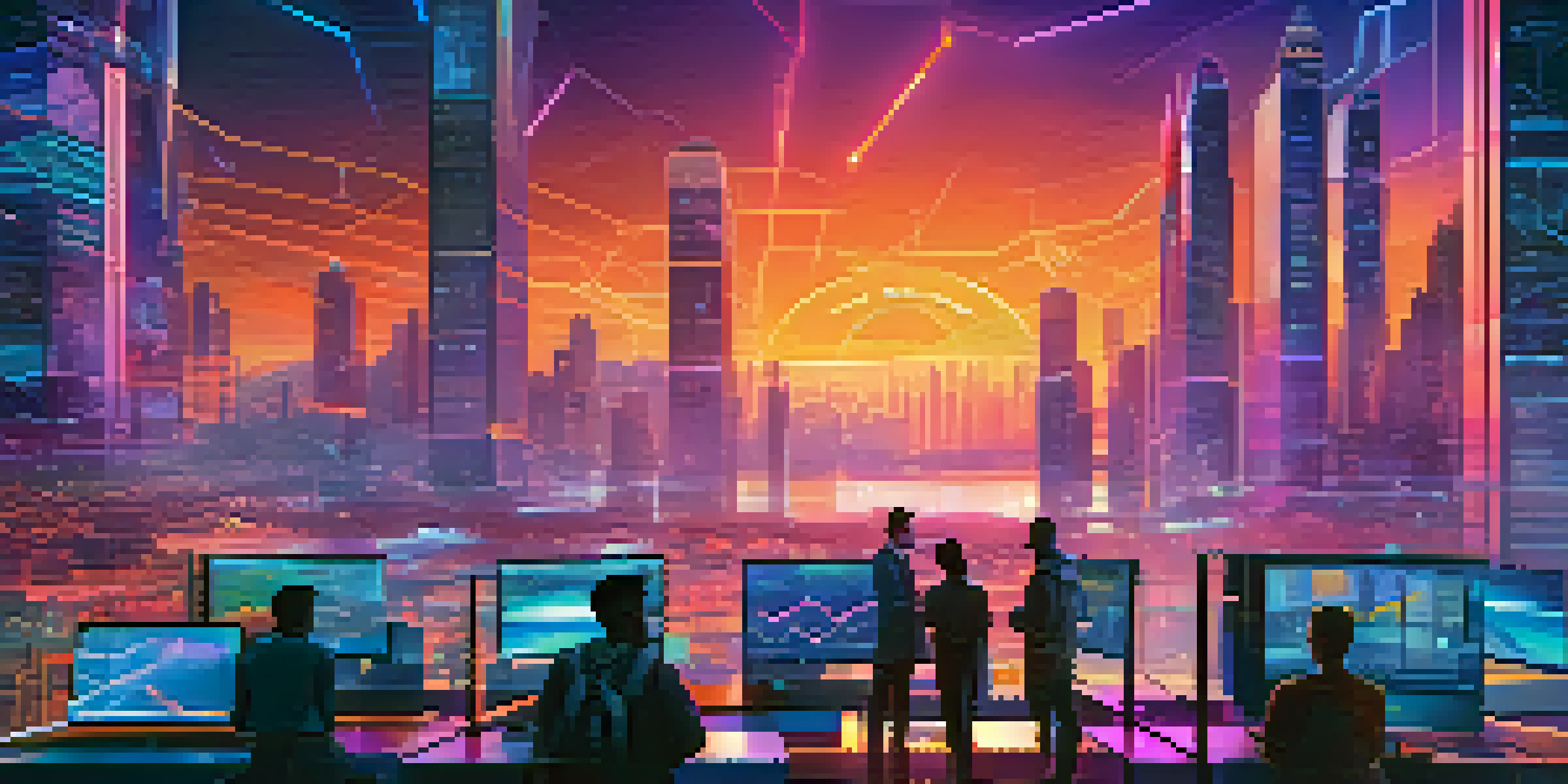 A futuristic city skyline with glowing blockchain nodes and traders analyzing data on holographic screens during a vibrant sunset.
