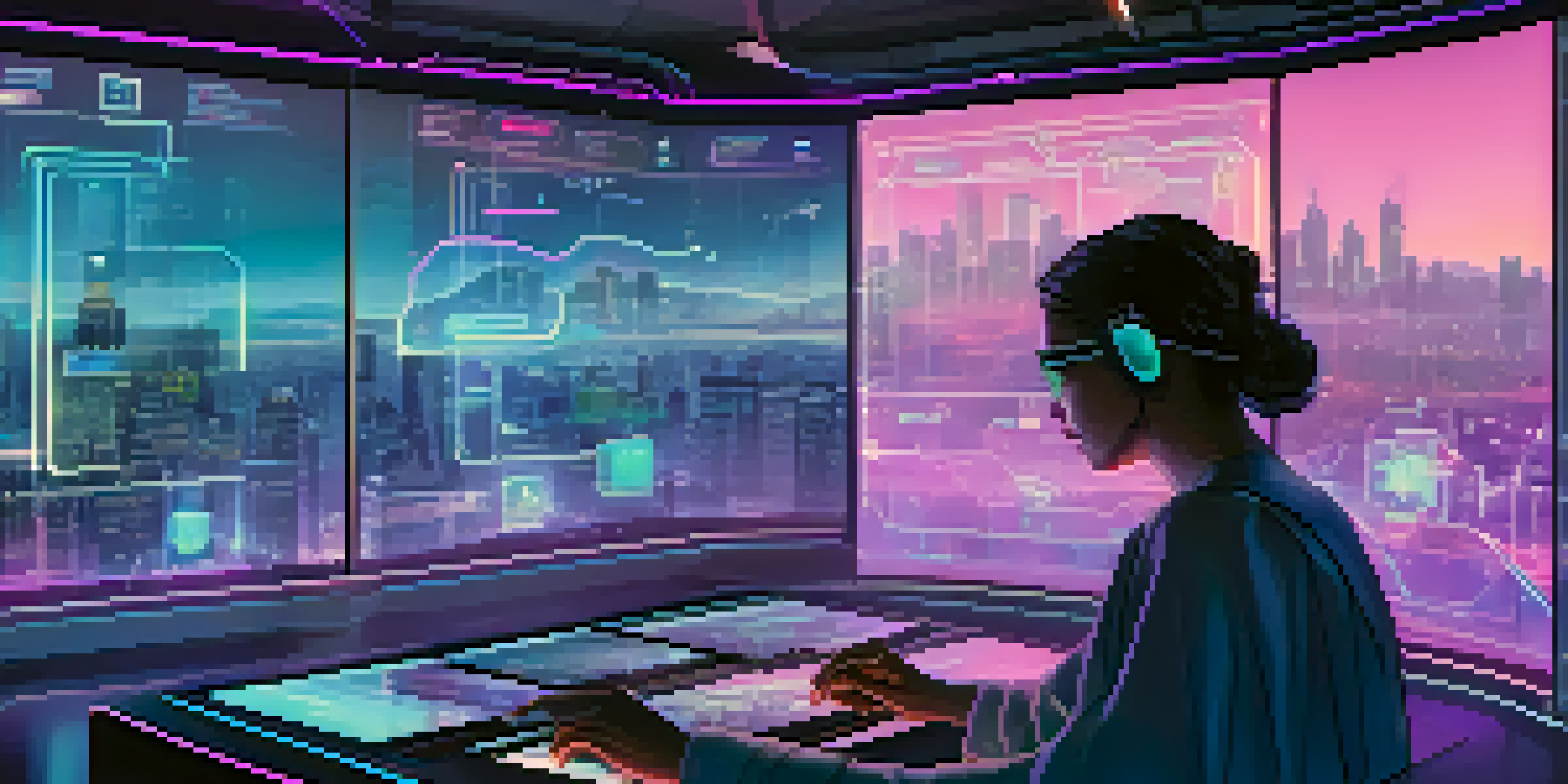 A person using a touchscreen interface for a decentralized application in a futuristic city, with neon lights and holographic data streams.