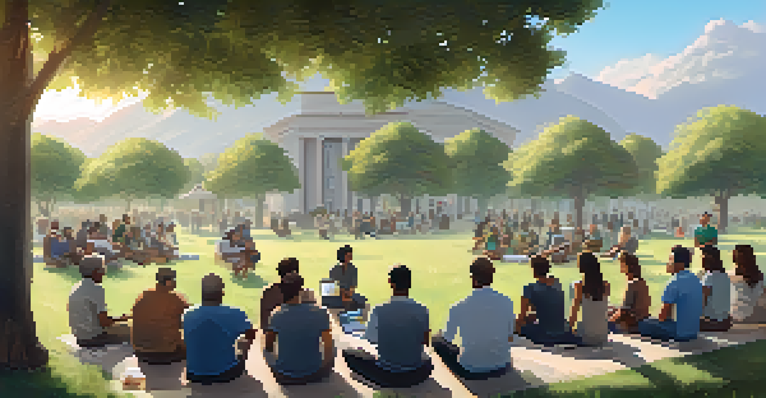 A community meeting under a tree with residents discussing charity projects, surrounded by papers and devices showing Ethereum's interface.